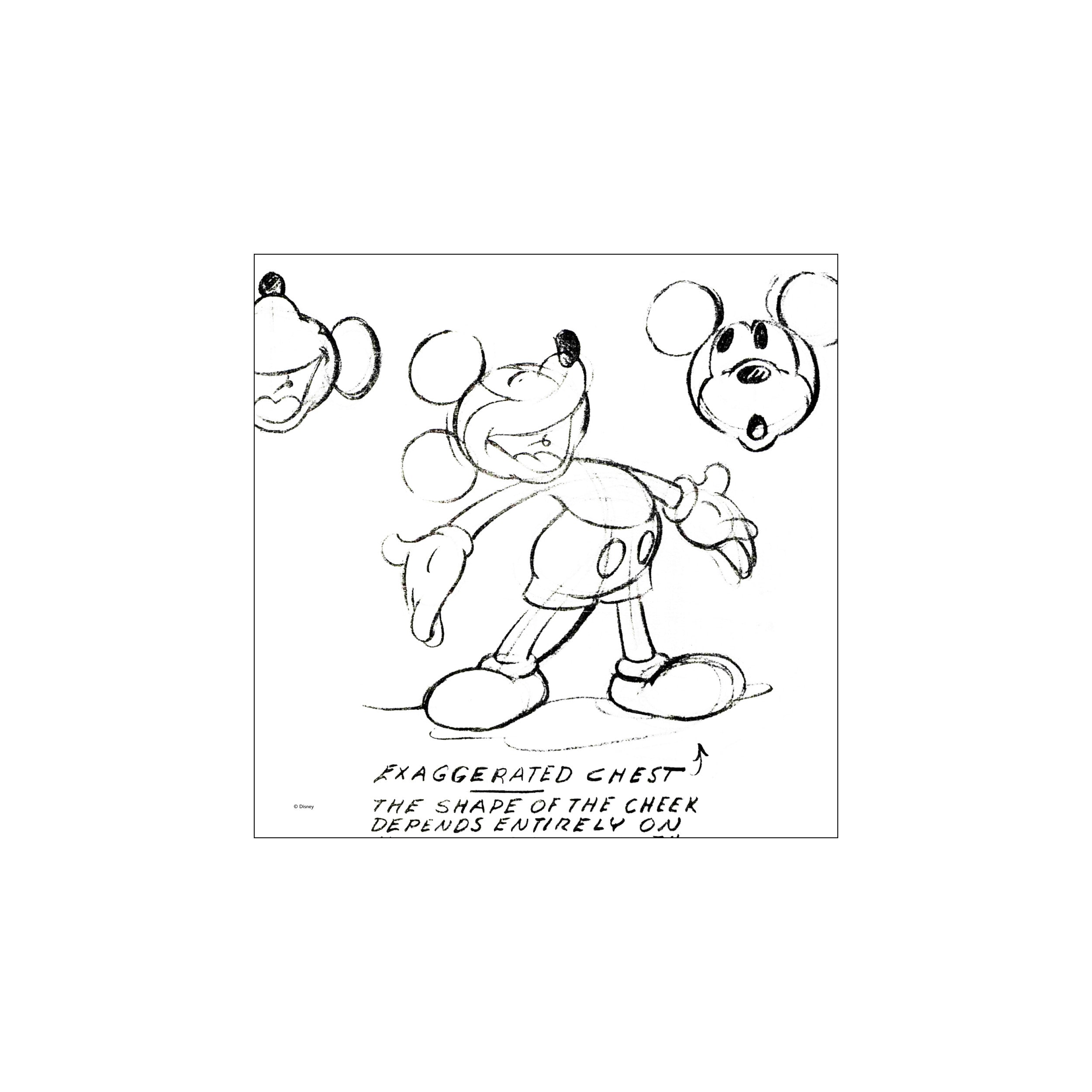 A black and white sketch of Mickey Mouse, studies of his face, and notes on his design, capturing a sense of playful movement and artistic process. Ideal for a gallery wall.