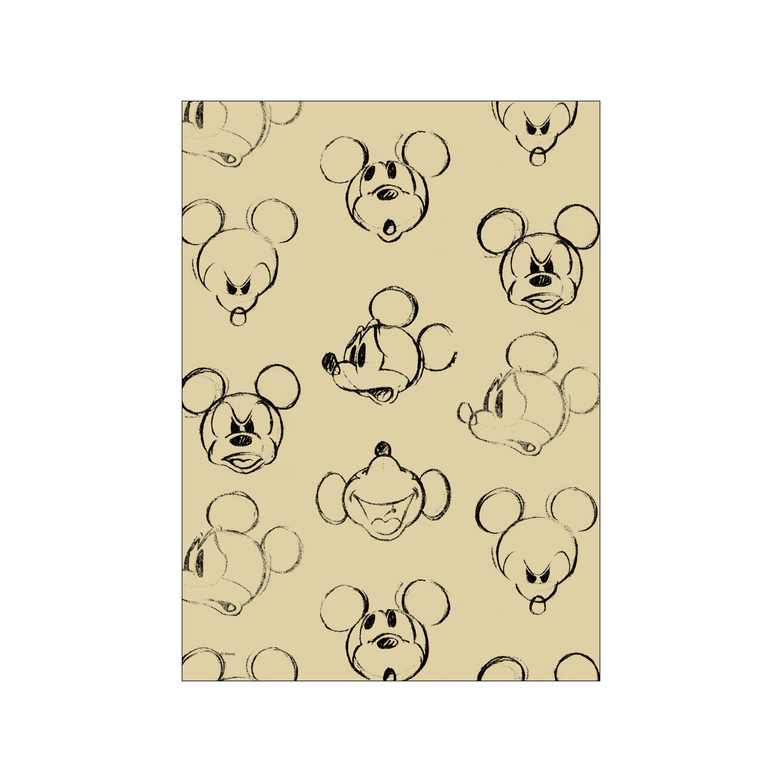“Mickey Mouse – Faces Pattern Art Print” by Disney, fine art poster with painterly texture and balanced tones on a neutral wall.
