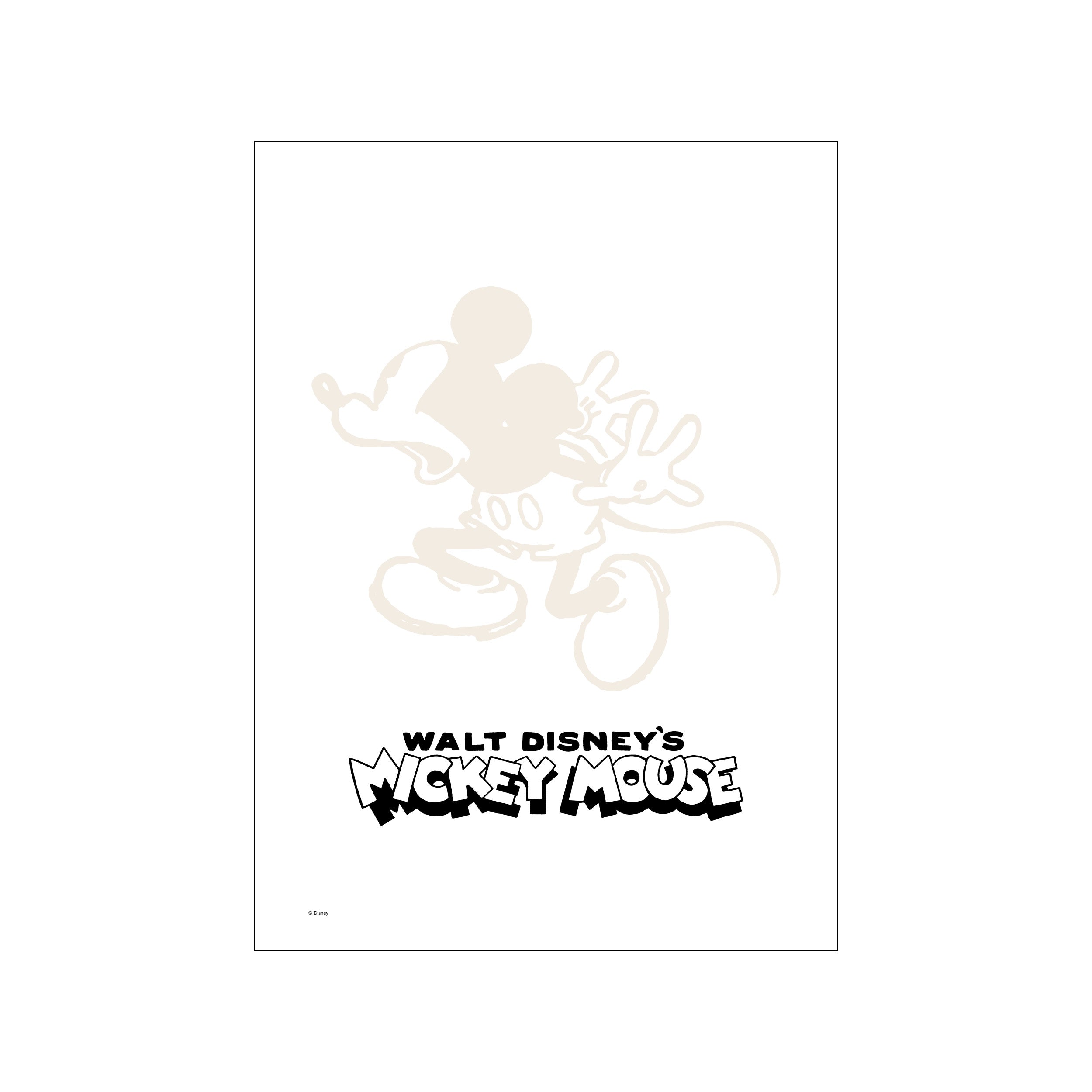 A faded, sepia-toned outline of Mickey Mouse striking a classic pose, set against a white background. The iconic character's name in bold, graphic lettering is visible below.