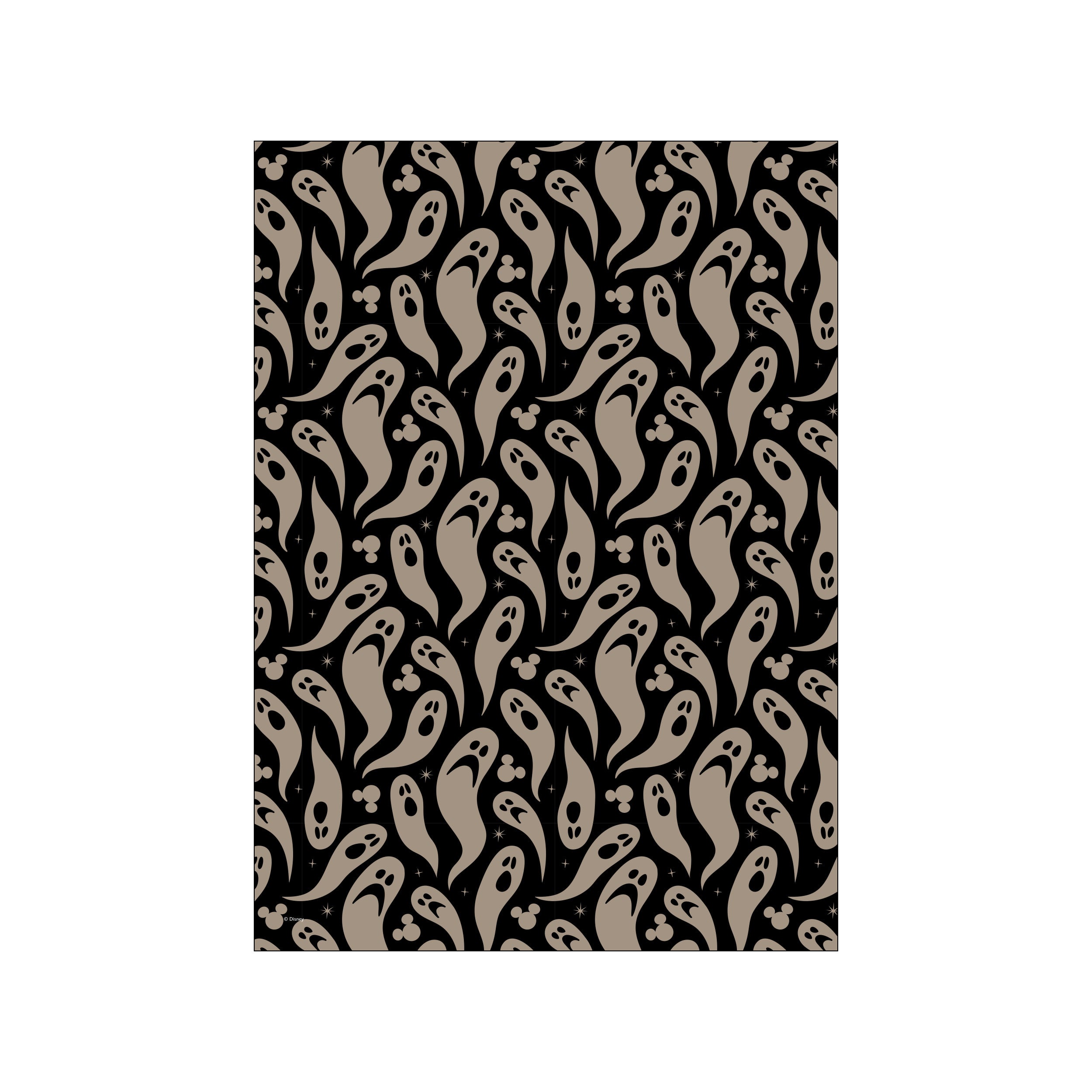 A pattern of playful, ghost-like figures in a neutral taupe color against a black background. Subtle starry accents and hidden Mickey Mouse shapes add a touch of whimsical Halloween magic.
