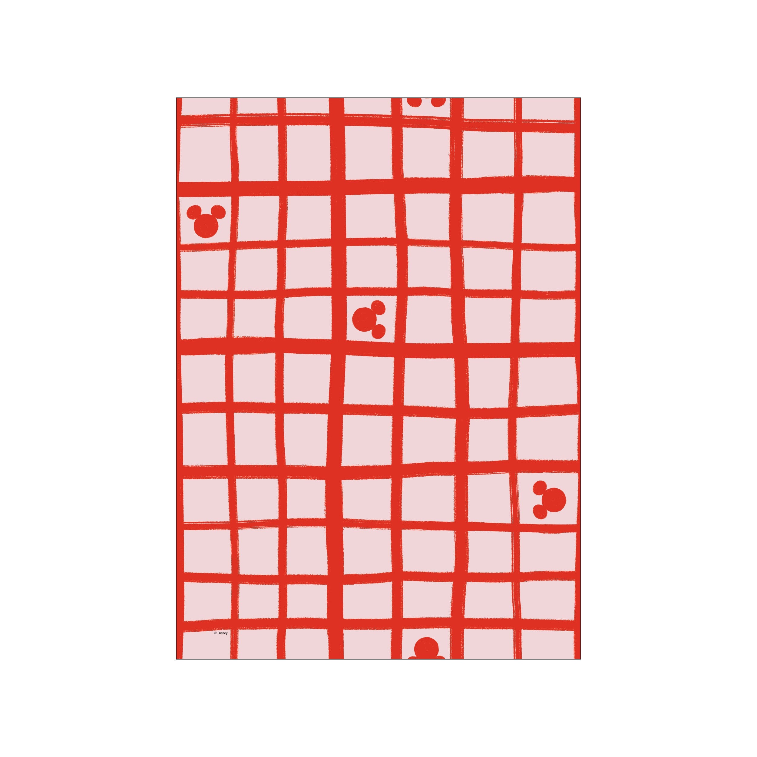 A pop art print featuring a delicate pink grid pattern overlaid with bold, hand-drawn red lines. Scattered within the grid are subtle, playful silhouettes of Mickey Mouse's head, creating a charming and artistic visual.