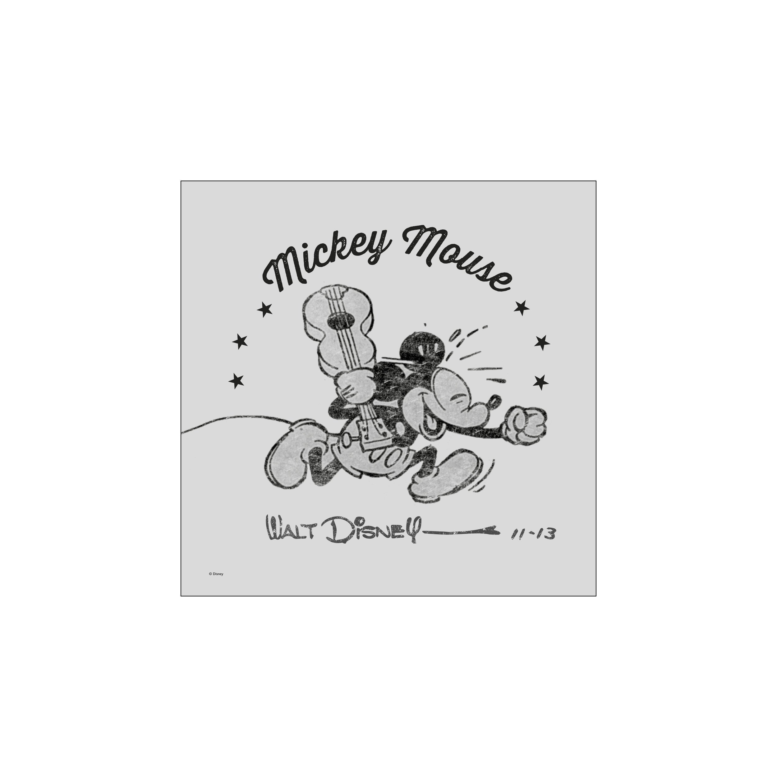 A vintage black and white illustration of Mickey Mouse energetically playing a guitar, with stars and the Walt Disney signature, evoking a playful, retro vibe.