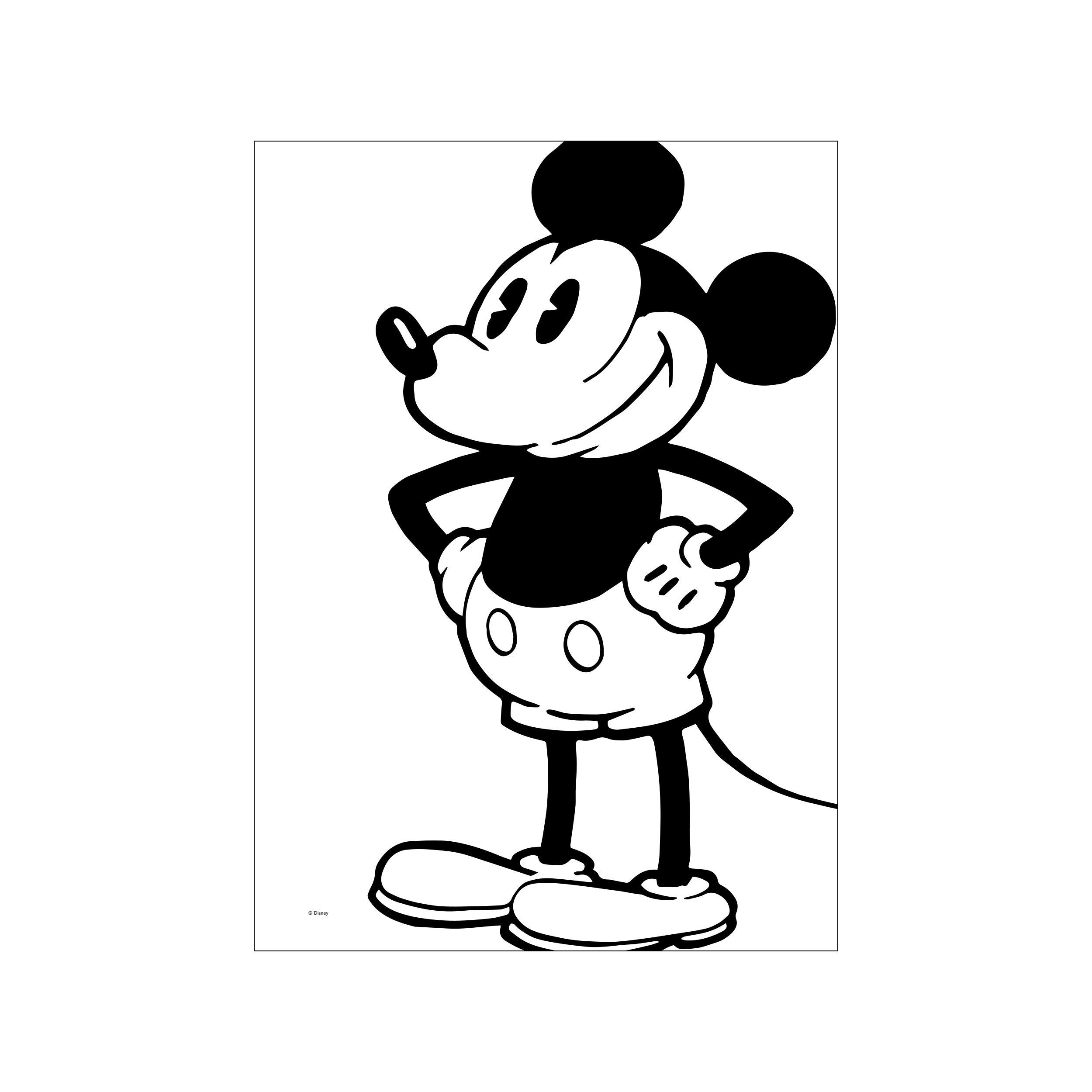 A classic black and white illustration of Mickey Mouse standing with his hands on his hips, exuding a confident and cheerful demeanor. Perfect for adding a nostalgic touch to any decor.