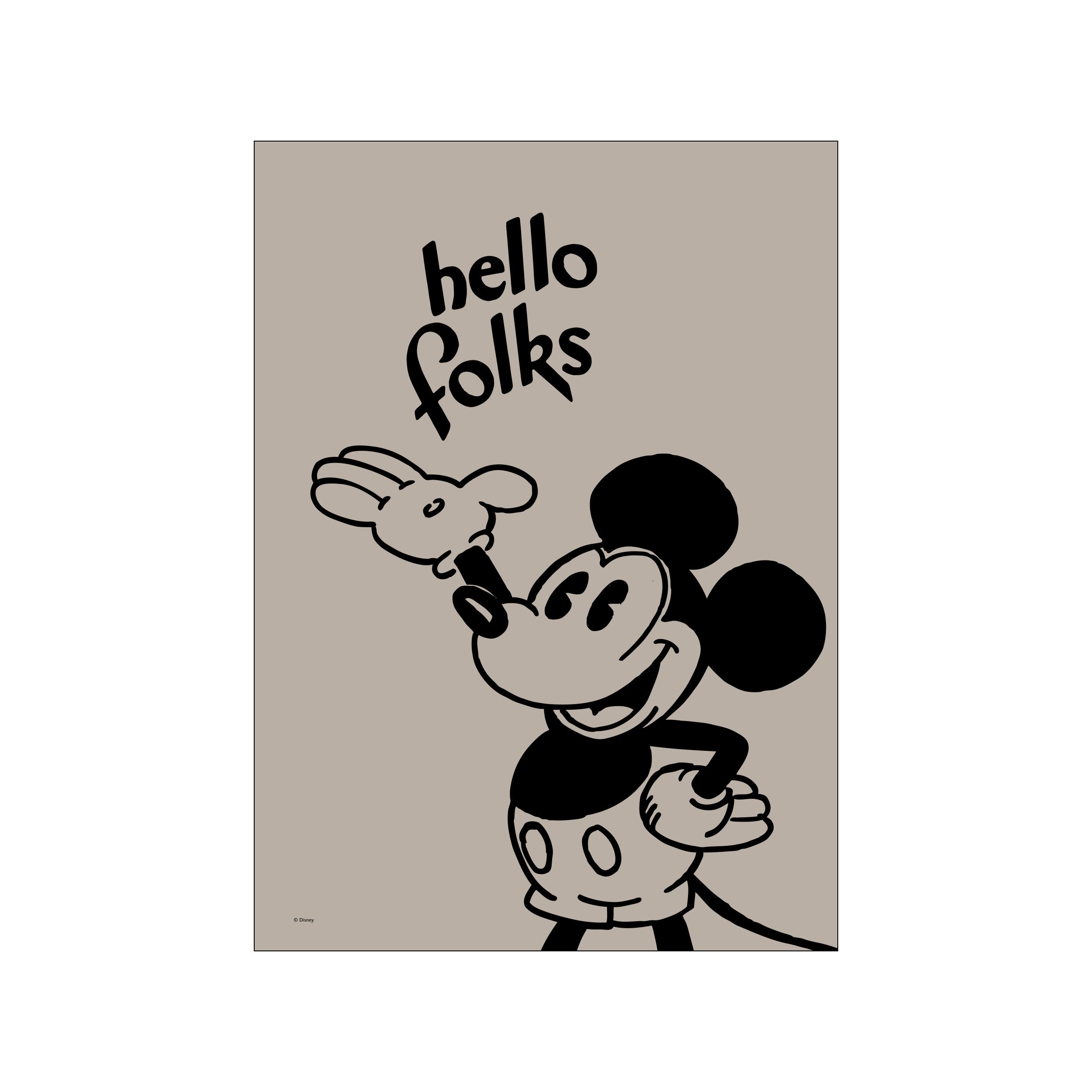 A cheerful Mickey Mouse illustration in black outline on a taupe background, with the words "hello folks" scripted above him. The artwork conveys a friendly, vintage vibe, perfect for adding a touch of playful nostalgia.