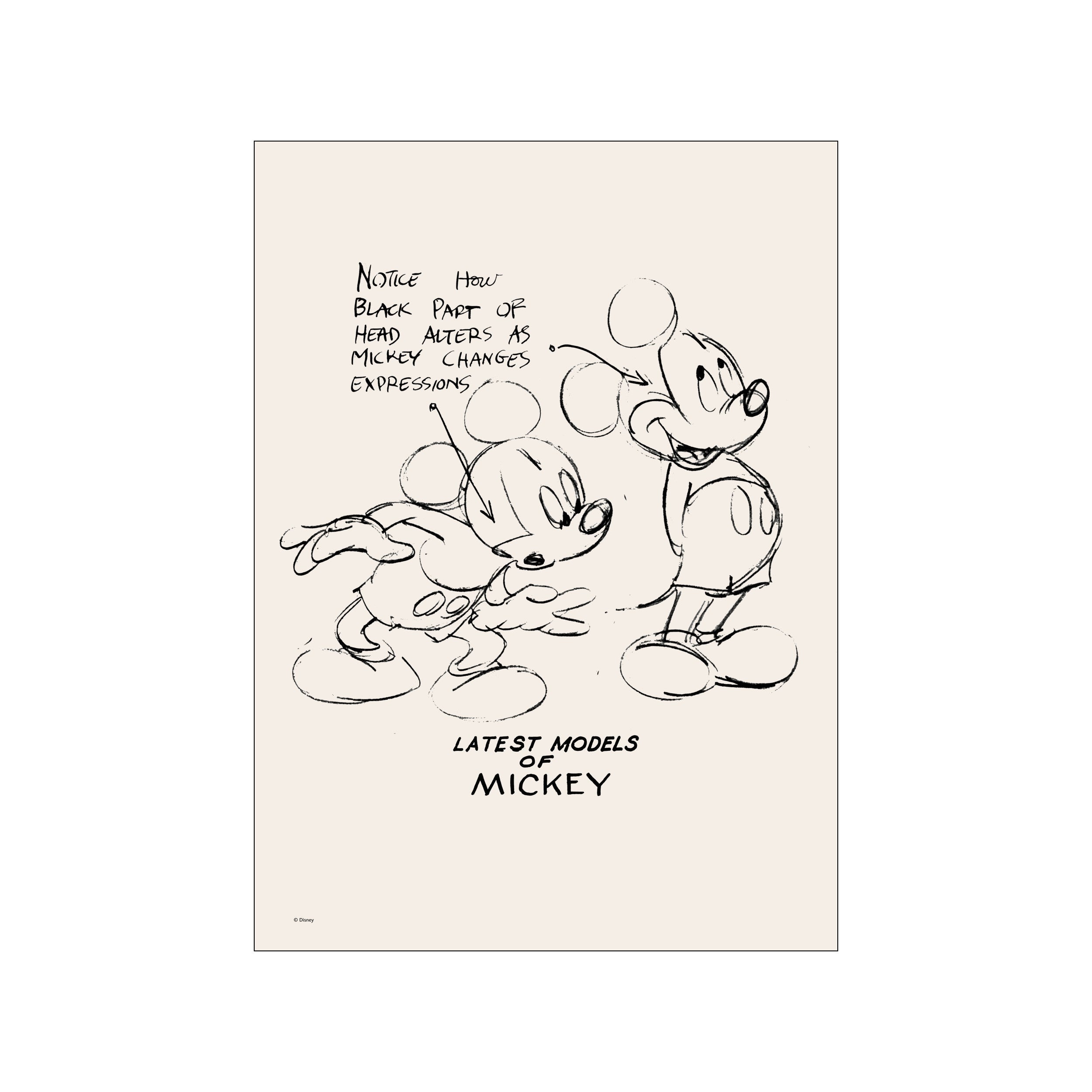 Charcoal sketches of Mickey Mouse's face showing different expressions and evolution of his head shape, set against a creamy, neutral background with handwritten notes about his design.