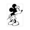 A black and white illustration of Mickey Mouse looking to the side with a thoughtful expression. His hands are clasped loosely in front of him, and his large shoes are visible. The art has a.