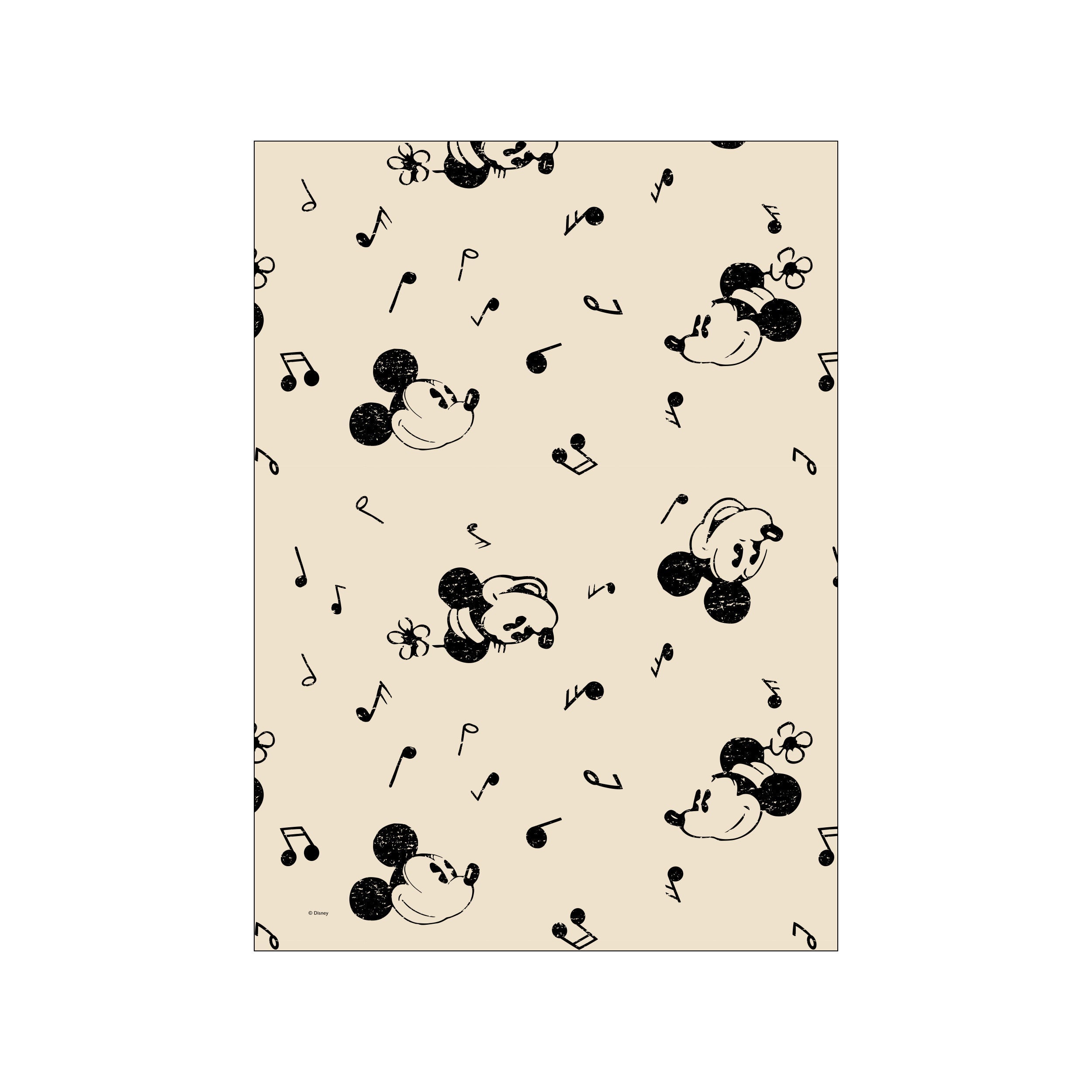 A whimsical black pattern of Mickey Mouse faces and musical notes scattered across a textured, creamy beige background, evoking a sense of playful nostalgia and vintage charm for interior decor.