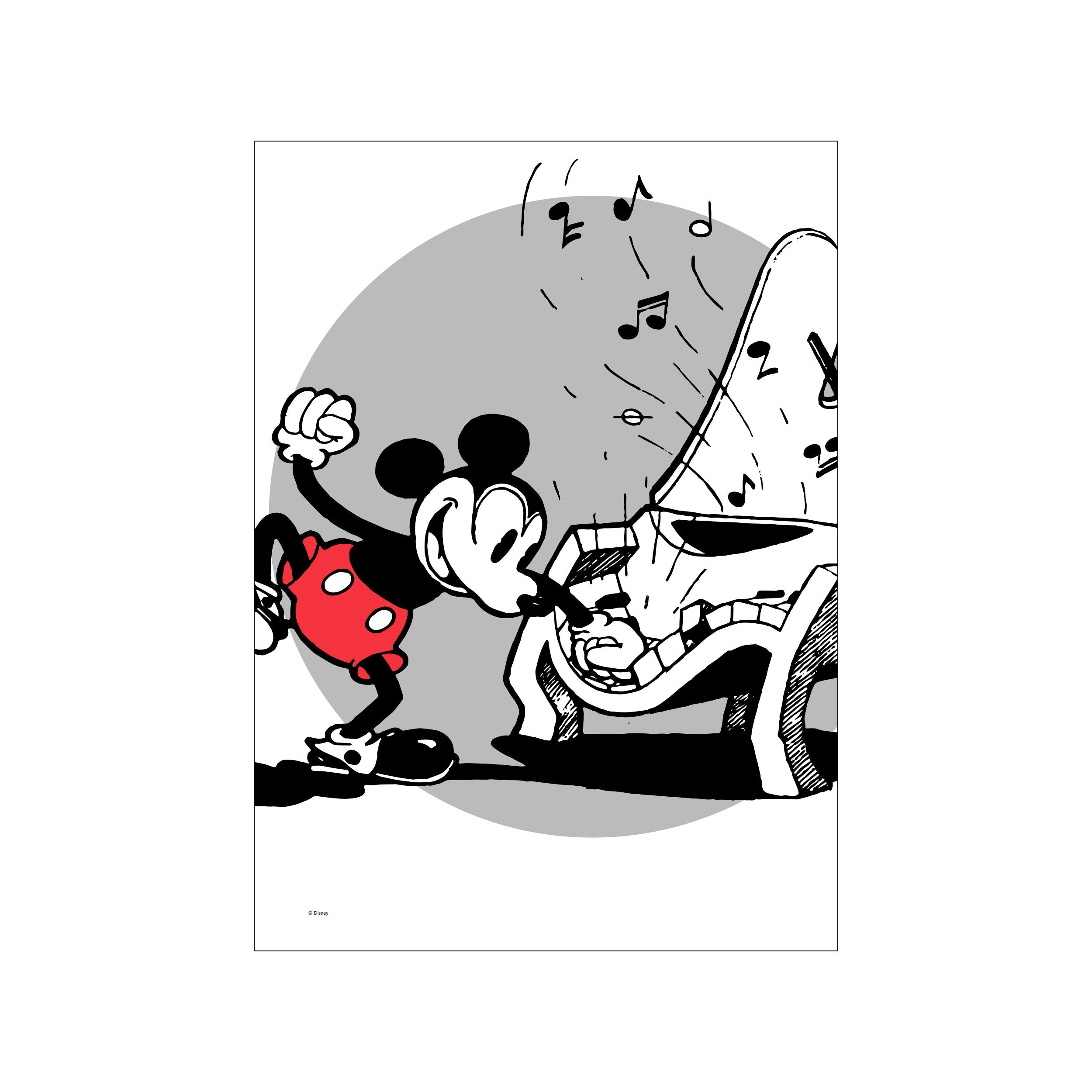 A graphic illustration of Mickey Mouse energetically playing a piano, depicted in bold black and white with red shorts, against a grey circular background with musical notes.