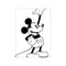 Black and white illustration of Mickey Mouse standing and pointing upwards with a wide, happy smile, conveying a sense of playful confidence and retro charm.