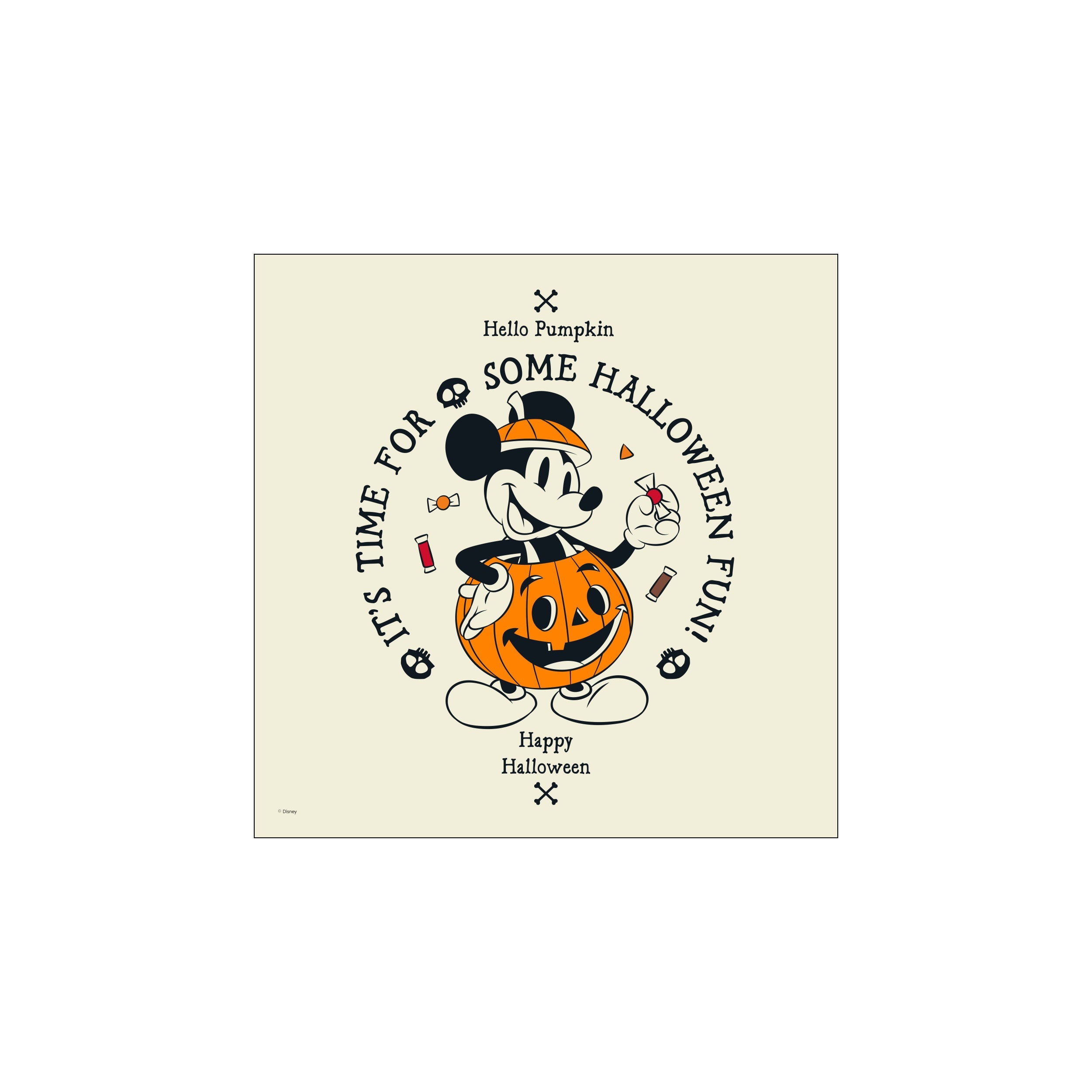 A vintage-style illustration of Mickey Mouse dressed as a pumpkin, holding candy and smiling. The artwork has a creamy background with text about Halloween fun, evoking a nostalgic and cheerful atmosphere.