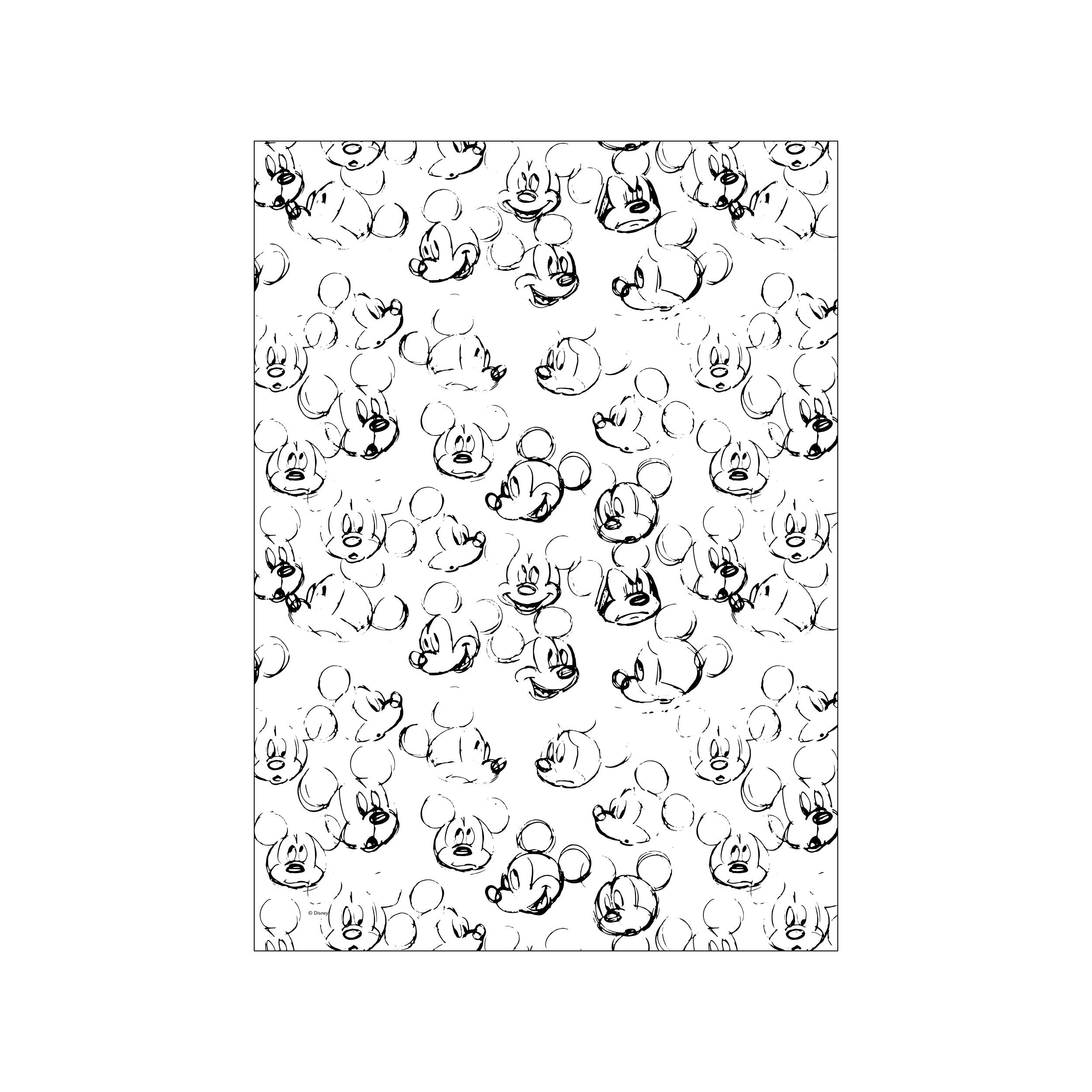 A repeating pattern of sketched Mickey Mouse faces in black ink on a white background, showing various expressions, evoking a playful and artistic vibe.