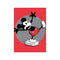 An artistic representation of Mickey Mouse caught in a comical moment of slipping on a bar of soap, depicted with bold black lines, red shorts, and a grey circle against a vibrant red background.