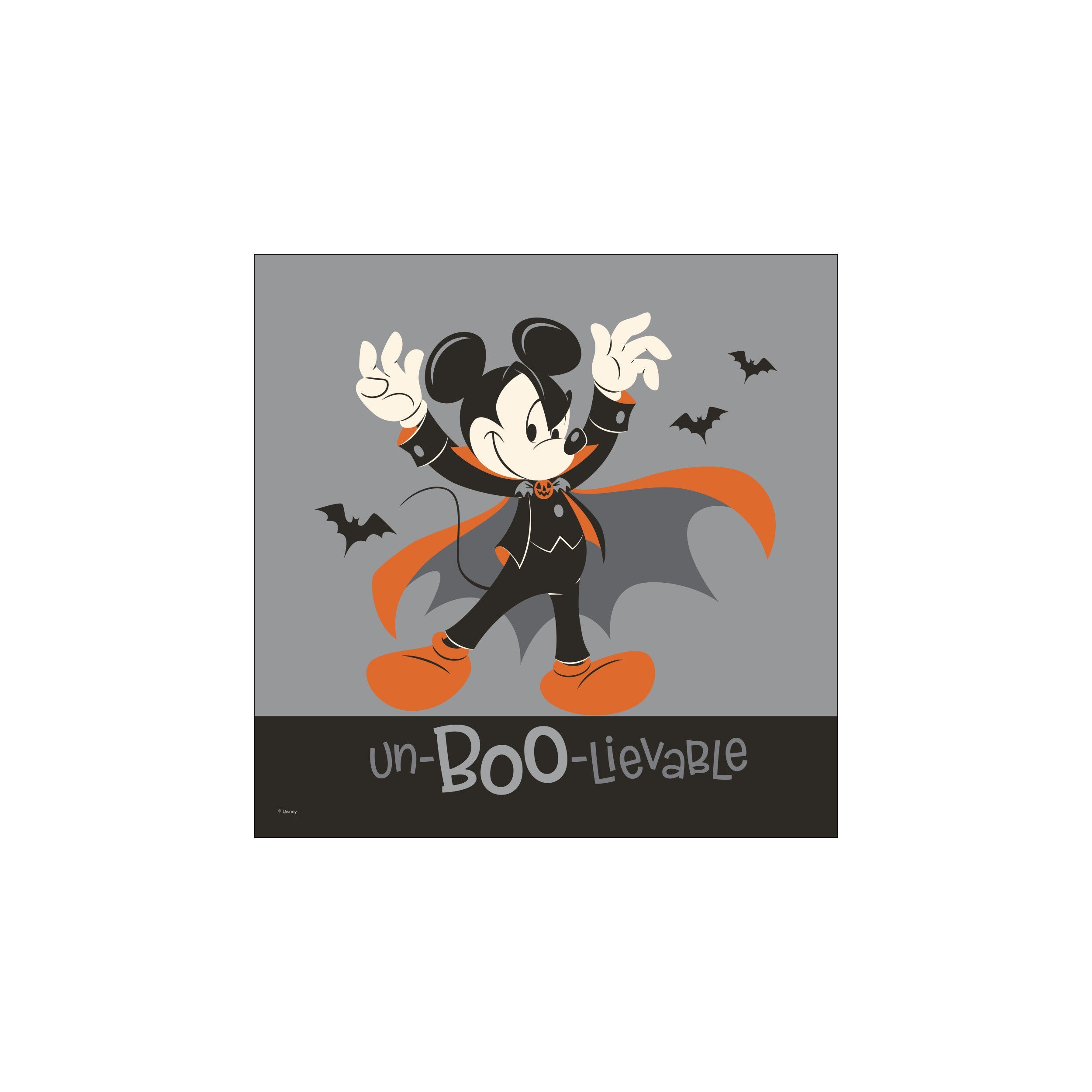 Mickey Mouse dressed as a vampire for Halloween, with a flowing orange-lined cape, striking a playful pose against a grey background with silhouetted bats and the text 'un-BOO-lievable'.