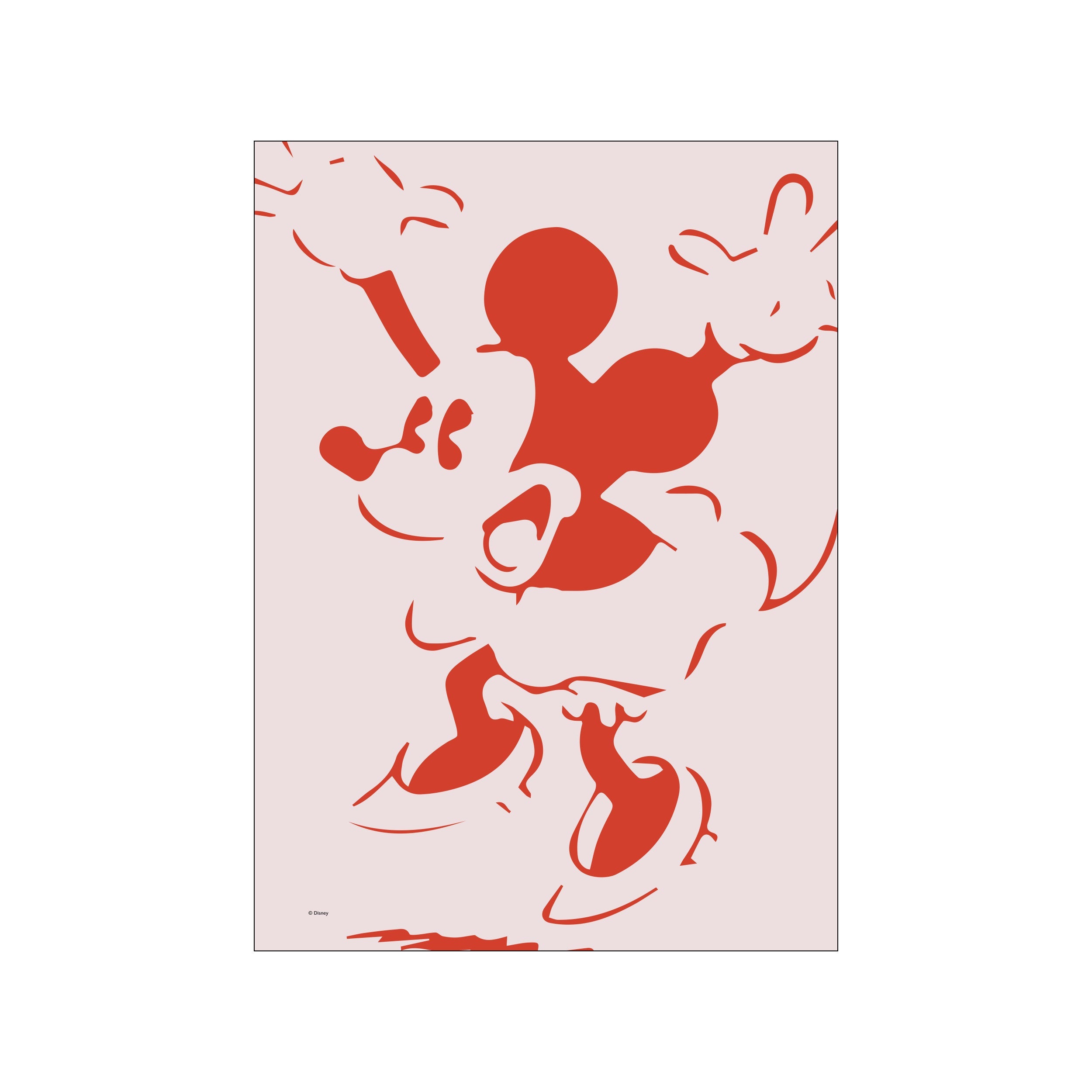 A bold red silhouette of Minnie Mouse's iconic figure, dancing with joy against a subtle, pale pink background. The artwork evokes a sense of playful nostalgia and modern chic.
