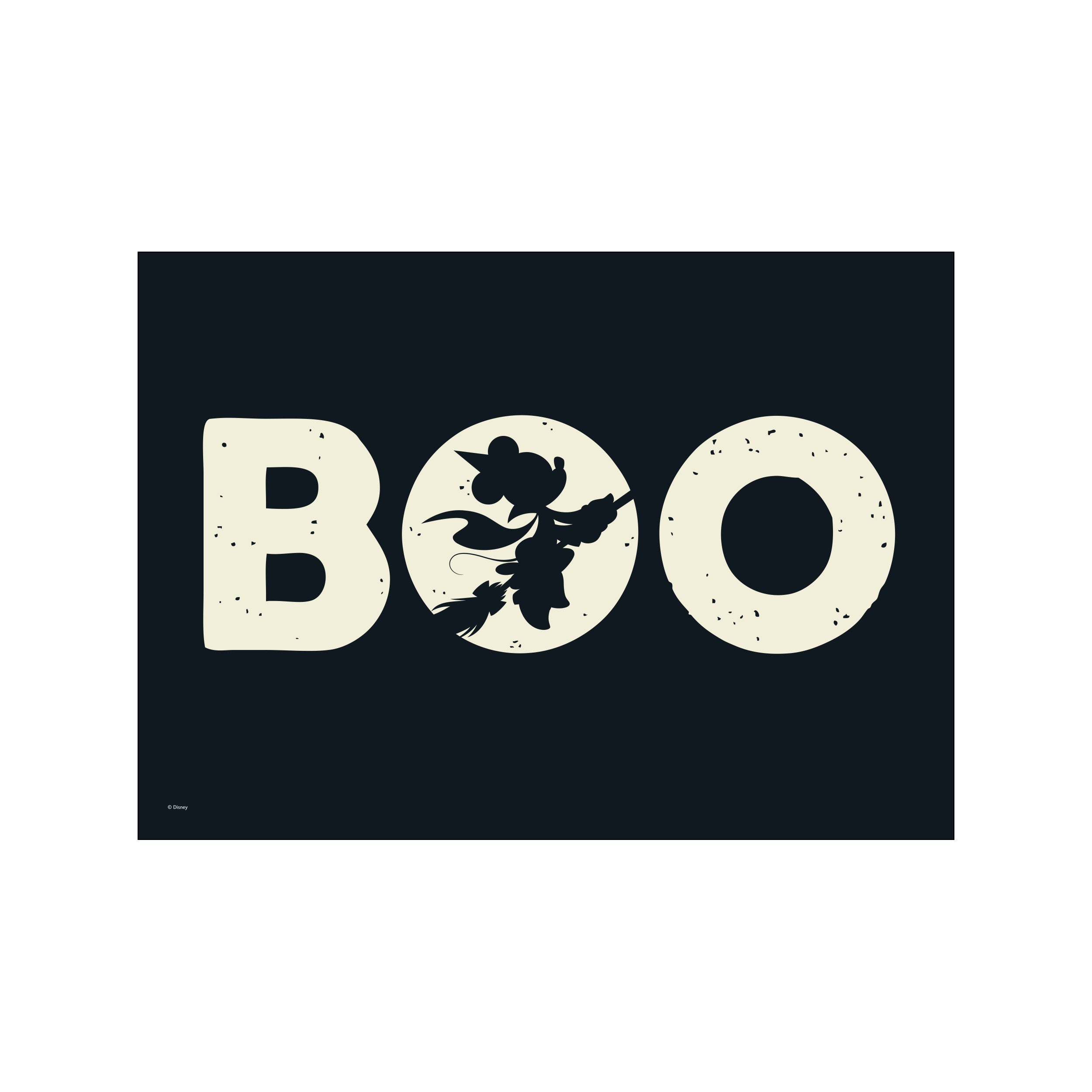A silhouette of Minnie Mouse flying on a broomstick within the letter 'O' of the word 'BOO', set against a dark blue background with creamy, textured letters.
