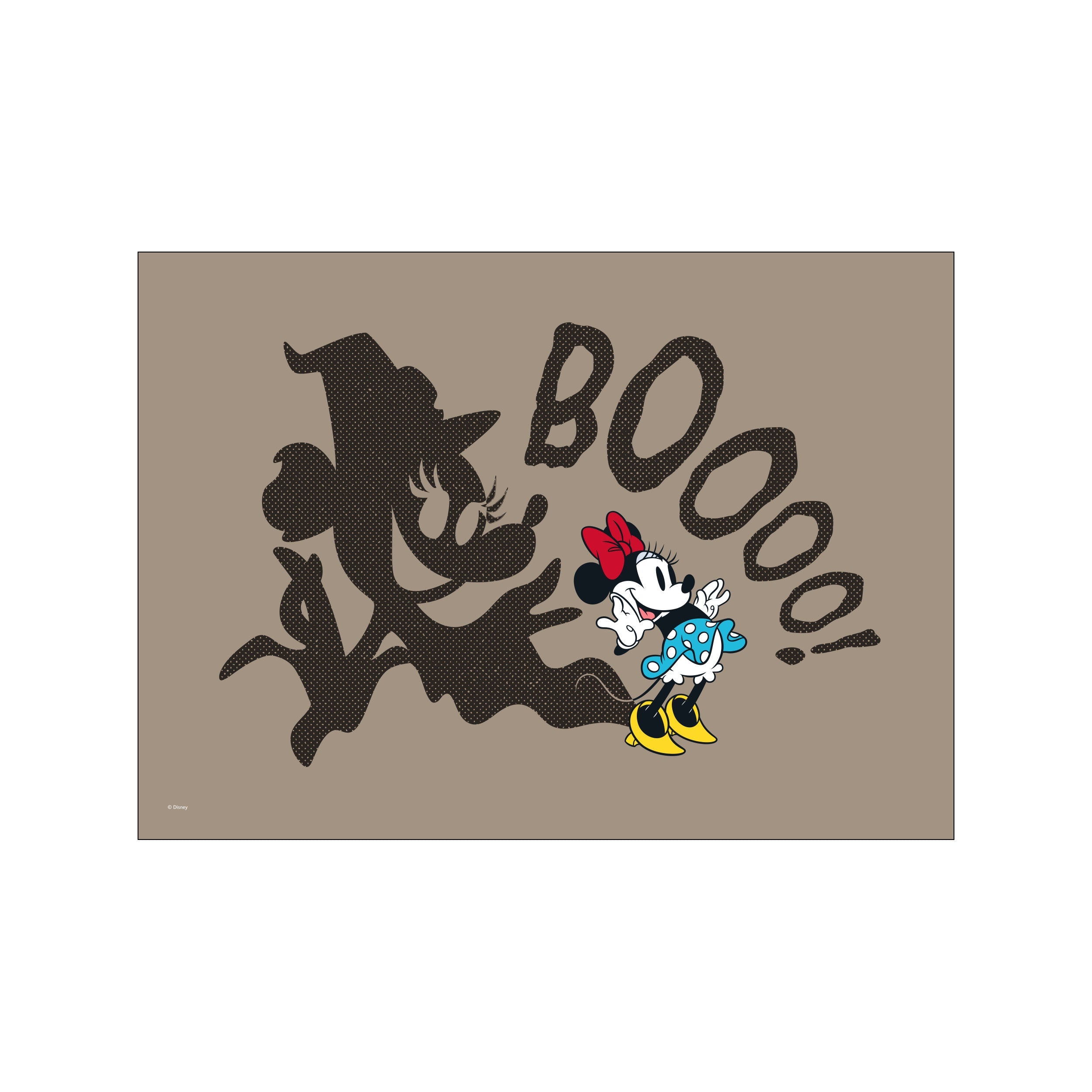 Minnie Mouse gleefully reacting to her own witch-like shadow playfully casting the word "Boo" in dotted texture on a taupe background, a delightful Halloween artwork.