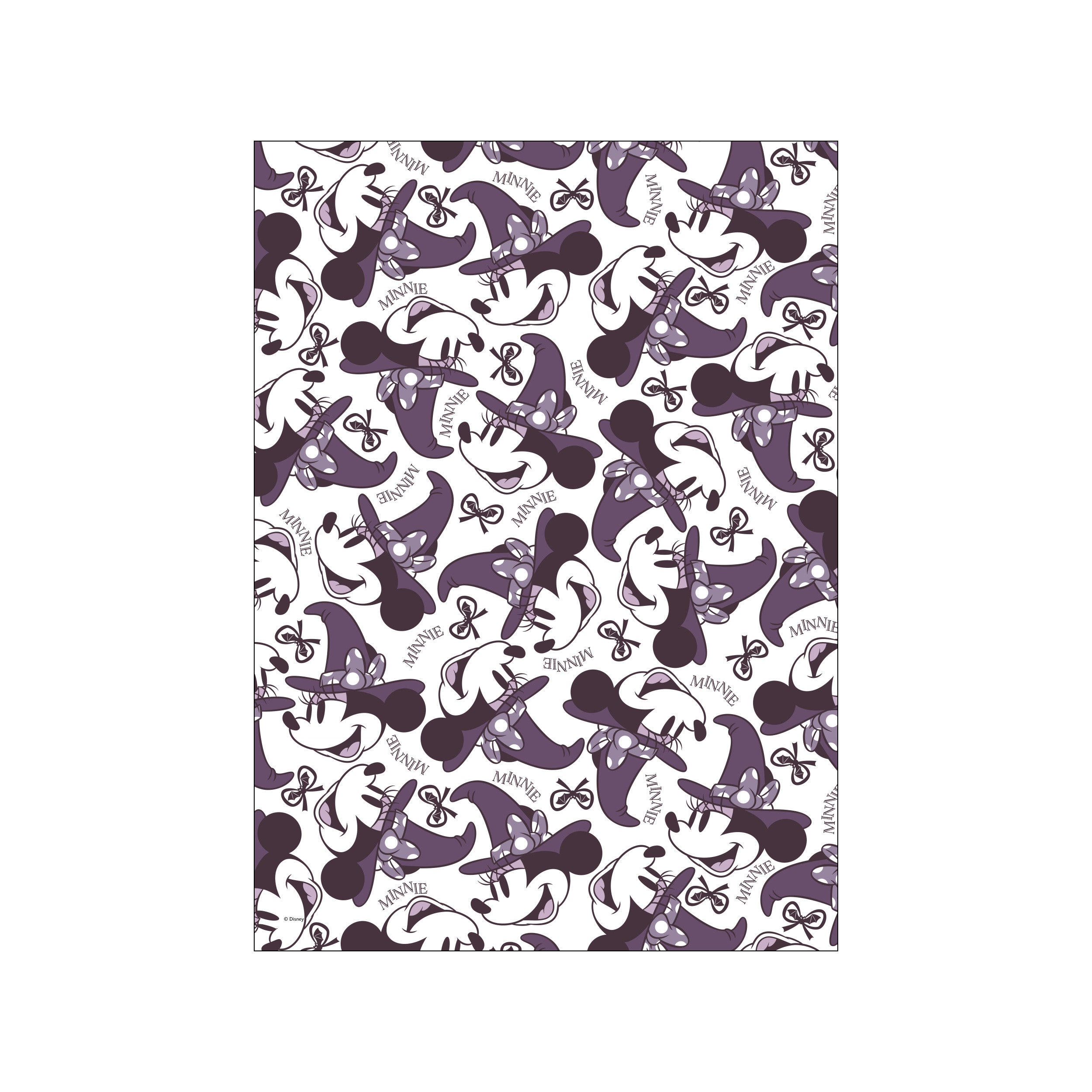 A charming pattern featuring Minnie Mouse wearing witch hats, with her name scattered throughout in a rich purple and white color palette, evoking a playful Halloween vibe.