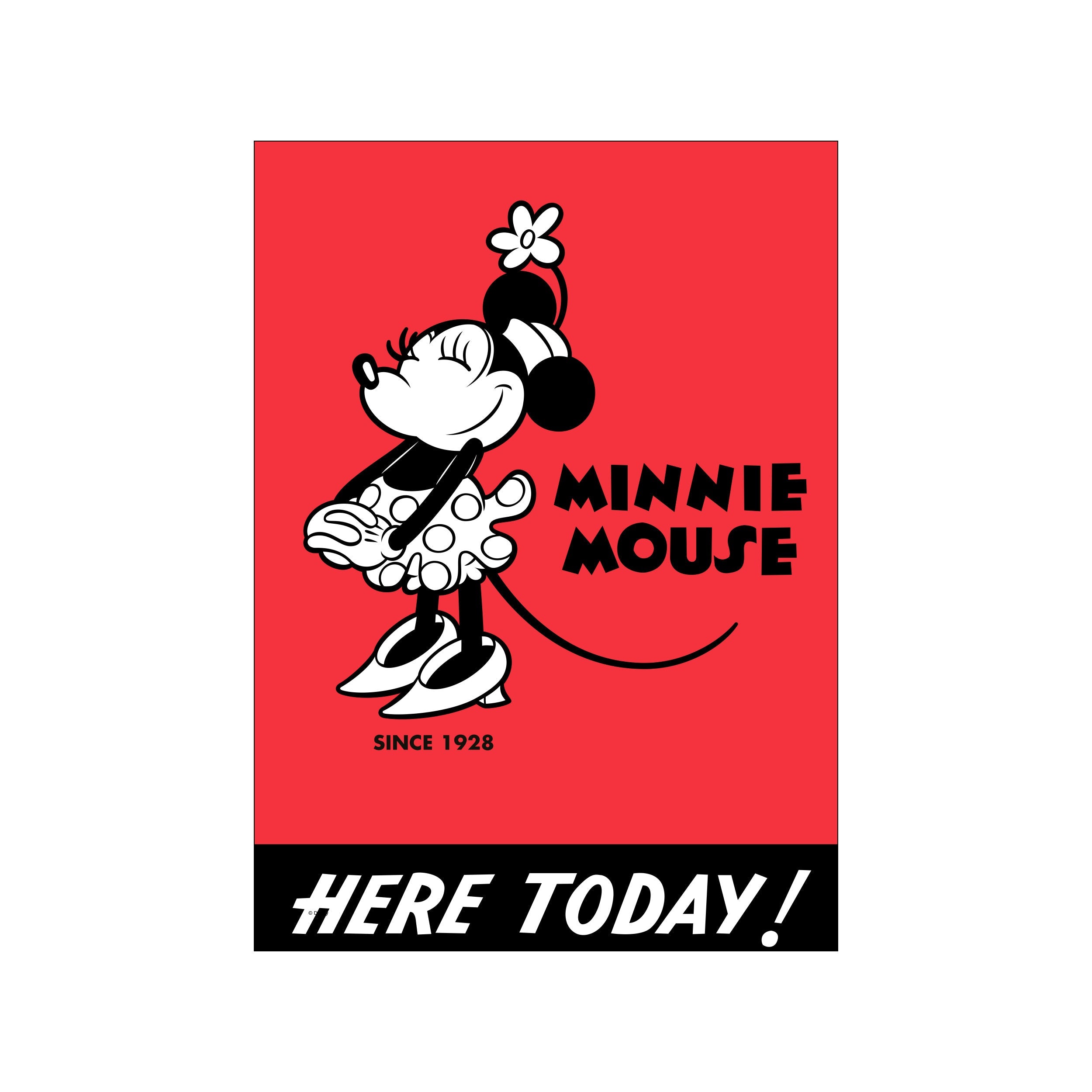 Minnie Mouse in a classic retro style, with a red polka dot dress and bow, smiling against a bright red background. Text reads 'Minnie Mouse Since 1928 HERE TODAY!'.