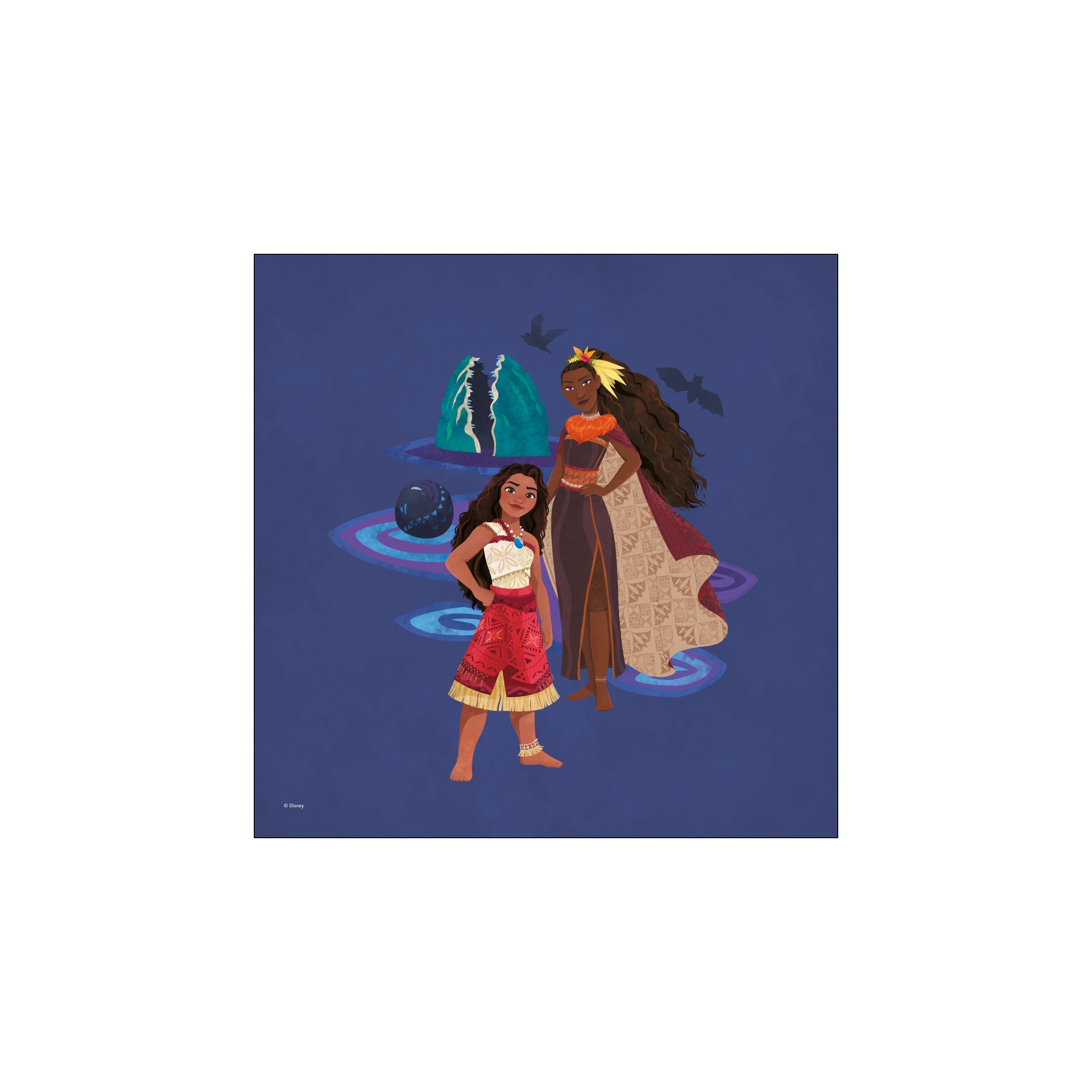 Moana and her mother Sina stand together against a deep blue background, with subtle waves and birds. They wear vibrant, traditional island attire in shades of red, orange, and turquoise.