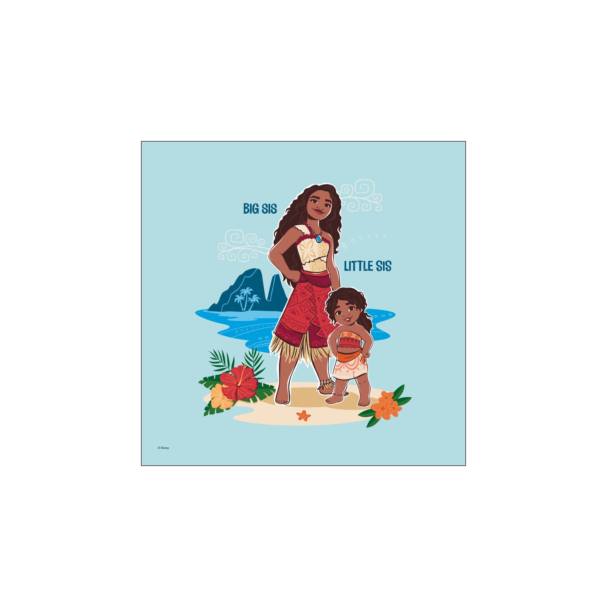 Illustration of Moana as a big sister standing protectively over a younger sister, set against a tropical island backdrop with hibiscus flowers and a calm blue ocean.