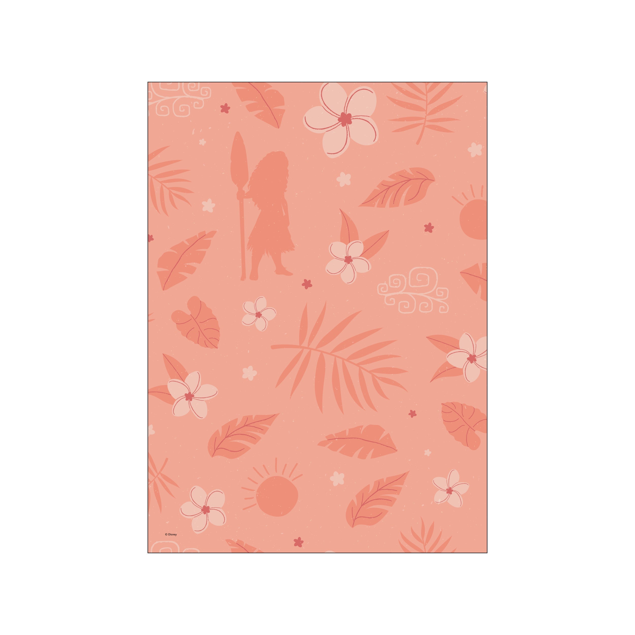 A coral-toned art piece featuring a silhouette of Moana holding a paddle, surrounded by tropical leaves, plumeria flowers, and subtle sun designs, set against a textured background.