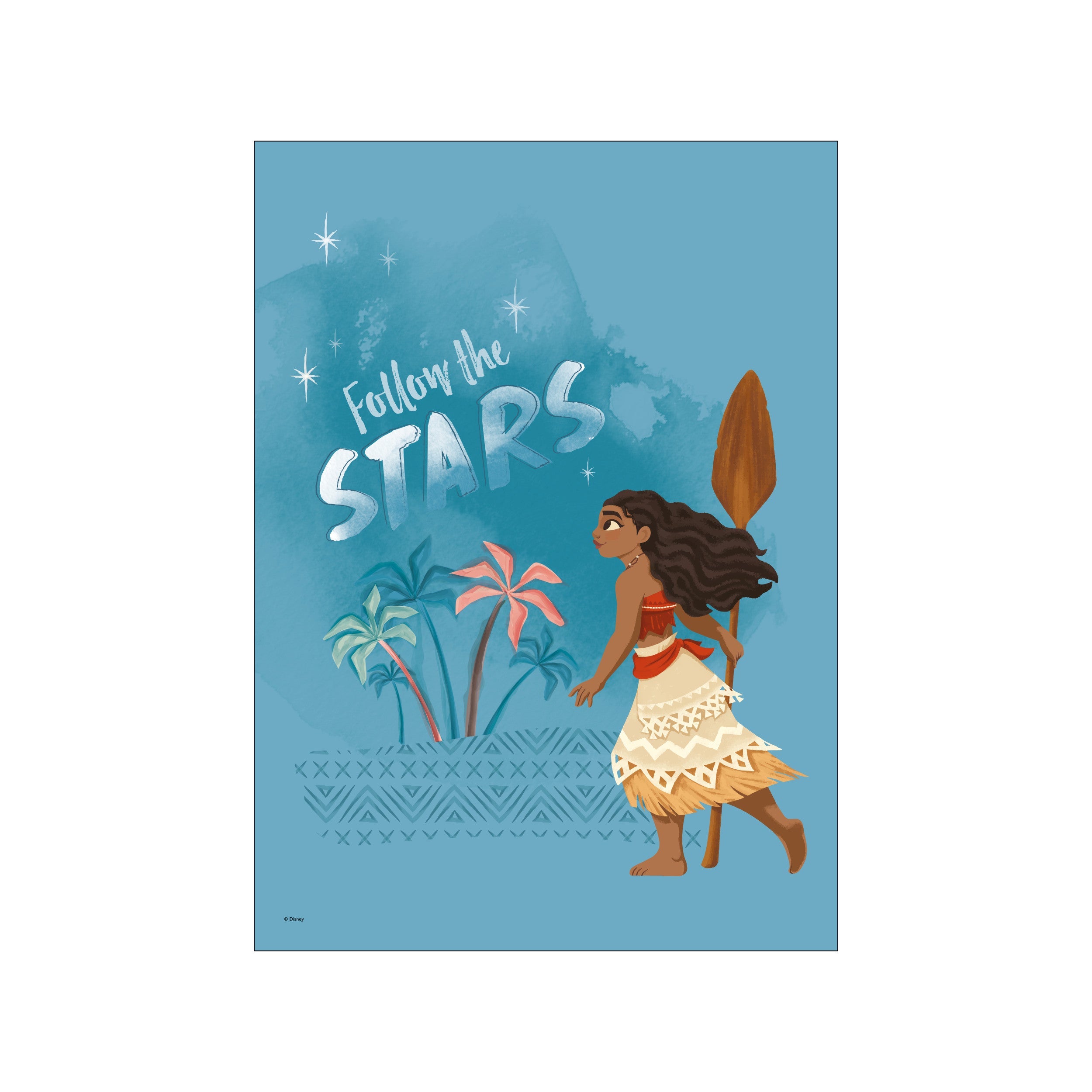 An illustration of the Disney character Moana walking towards the right, with palm trees behind her and stars above, on a blue background with the text 'Follow the Stars'.