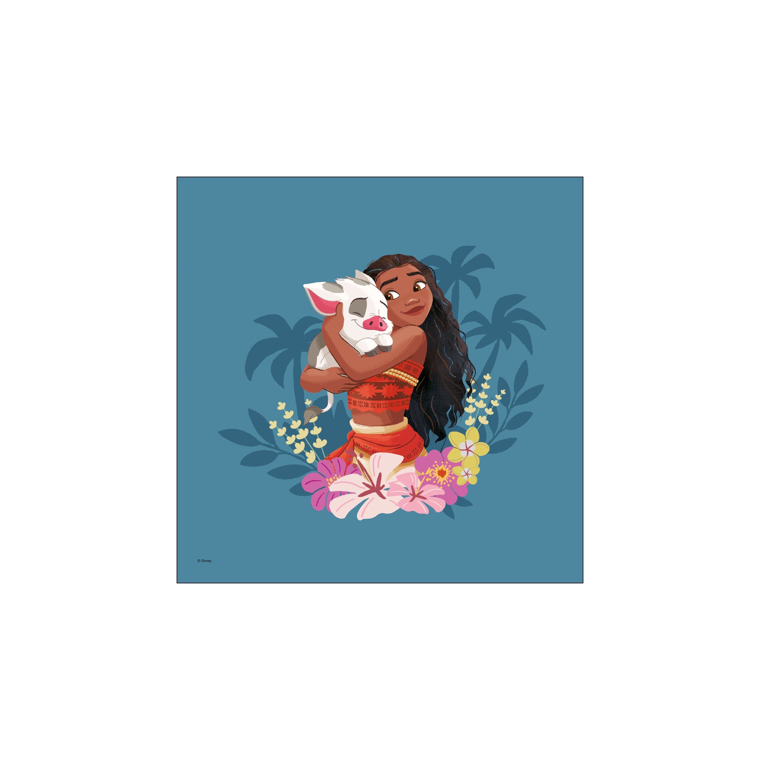 Illustration of the character Moana embracing her pig, Pua, amidst tropical flowers and palm leaves. The scene is rendered in soft, warm colors against a serene teal background, exuding a feeling of love and peaceful.