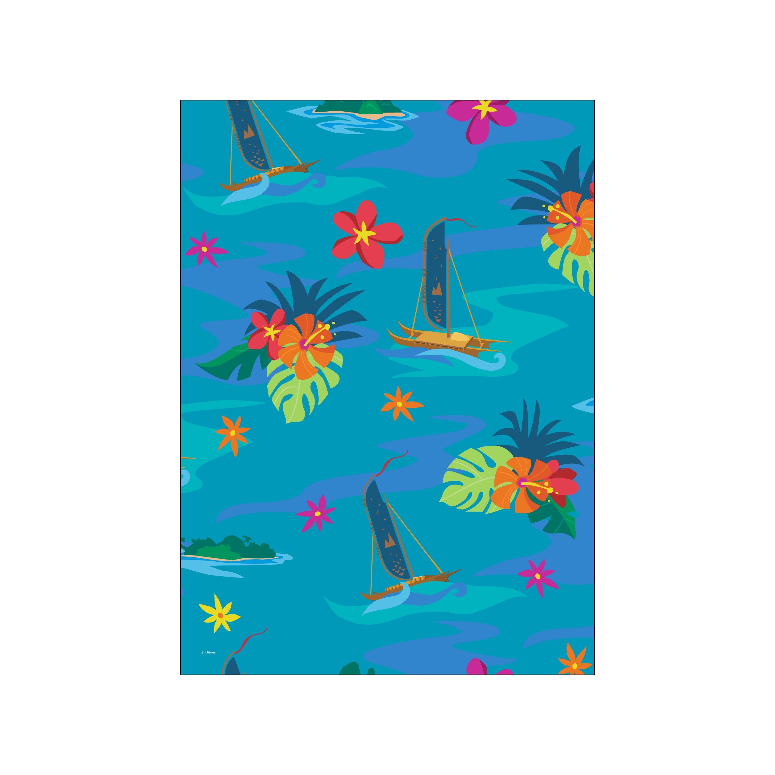 A bright, colorful illustration of traditional Hawaiian outrigger canoes sailing on a vibrant turquoise ocean, surrounded by lush green palm fronds, hibiscus flowers in shades of pink and orange, and small island silhouettes.