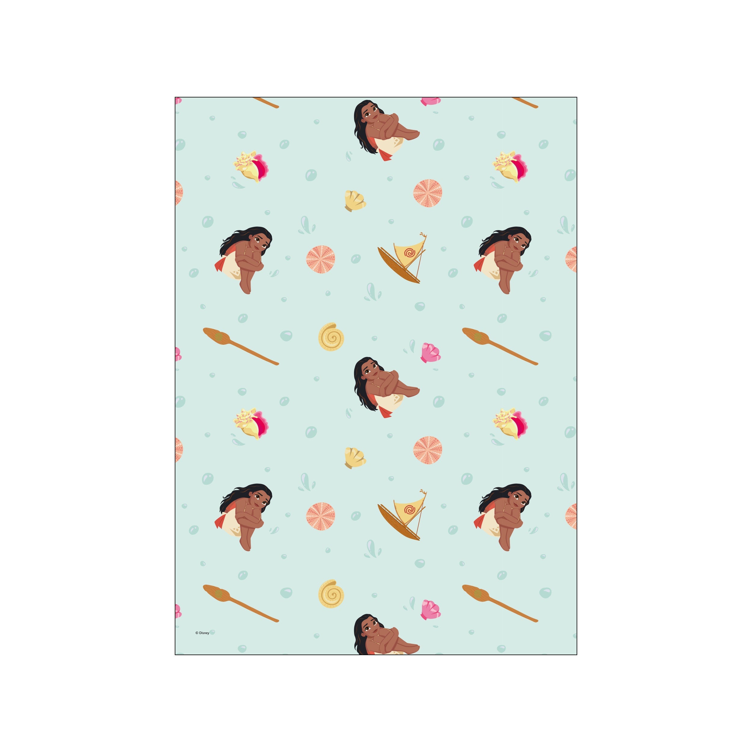 A charming visual pattern featuring stylized illustrations of young Moana resting on the water, interspersed with seashells, tiny boats, and gentle bubbles, all set against a soft blue ocean background.