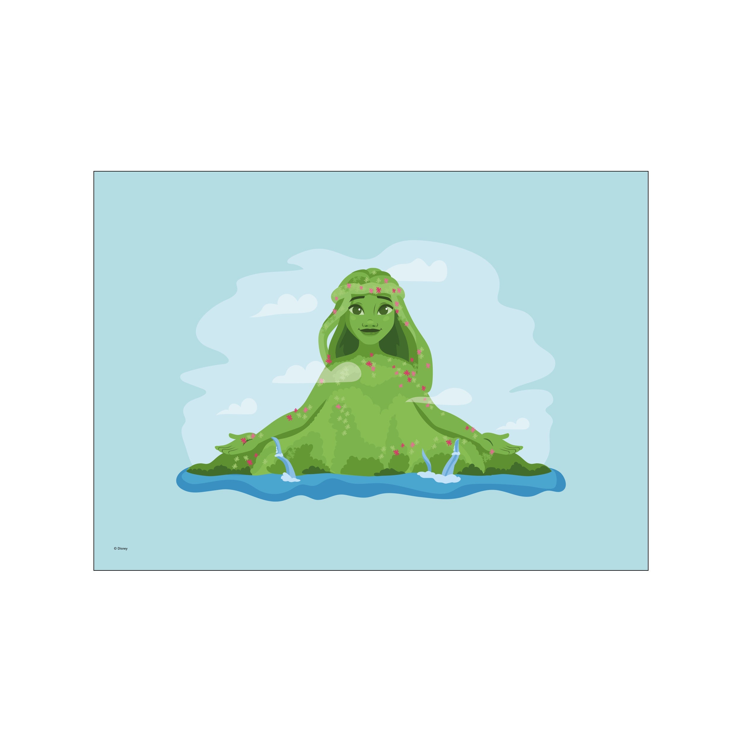 A whimsical depiction of Te Fiti, the Earth Mother, emerging from lush green land adorned with pink flowers, set against a soft blue sky with clouds and gentle waterfalls.