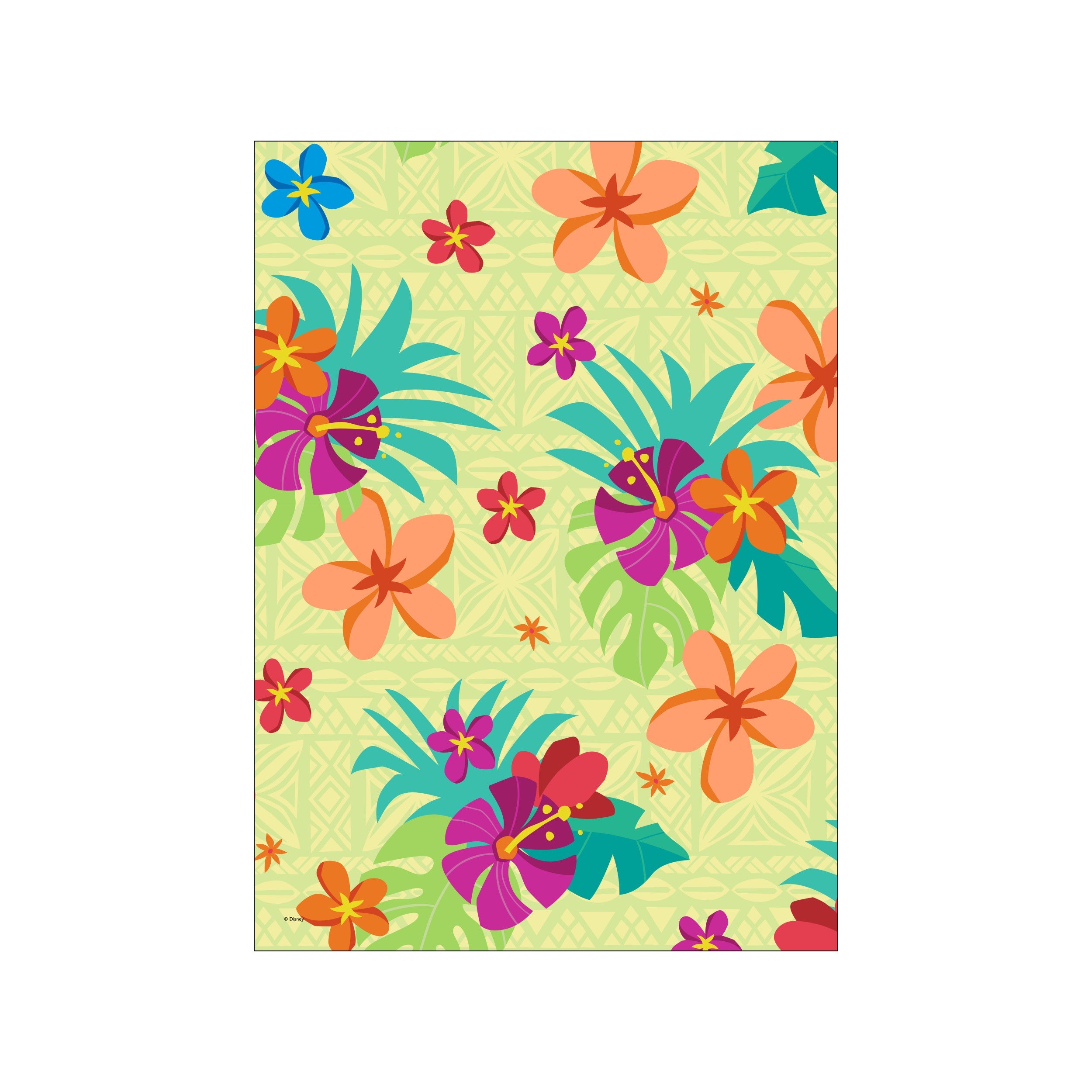 A cheerful and colorful arrangement of tropical flowers and leaves, including bright pink hibiscus, coral plumeria, and teal foliage, set against a soft yellow background with subtle geometric patterns.