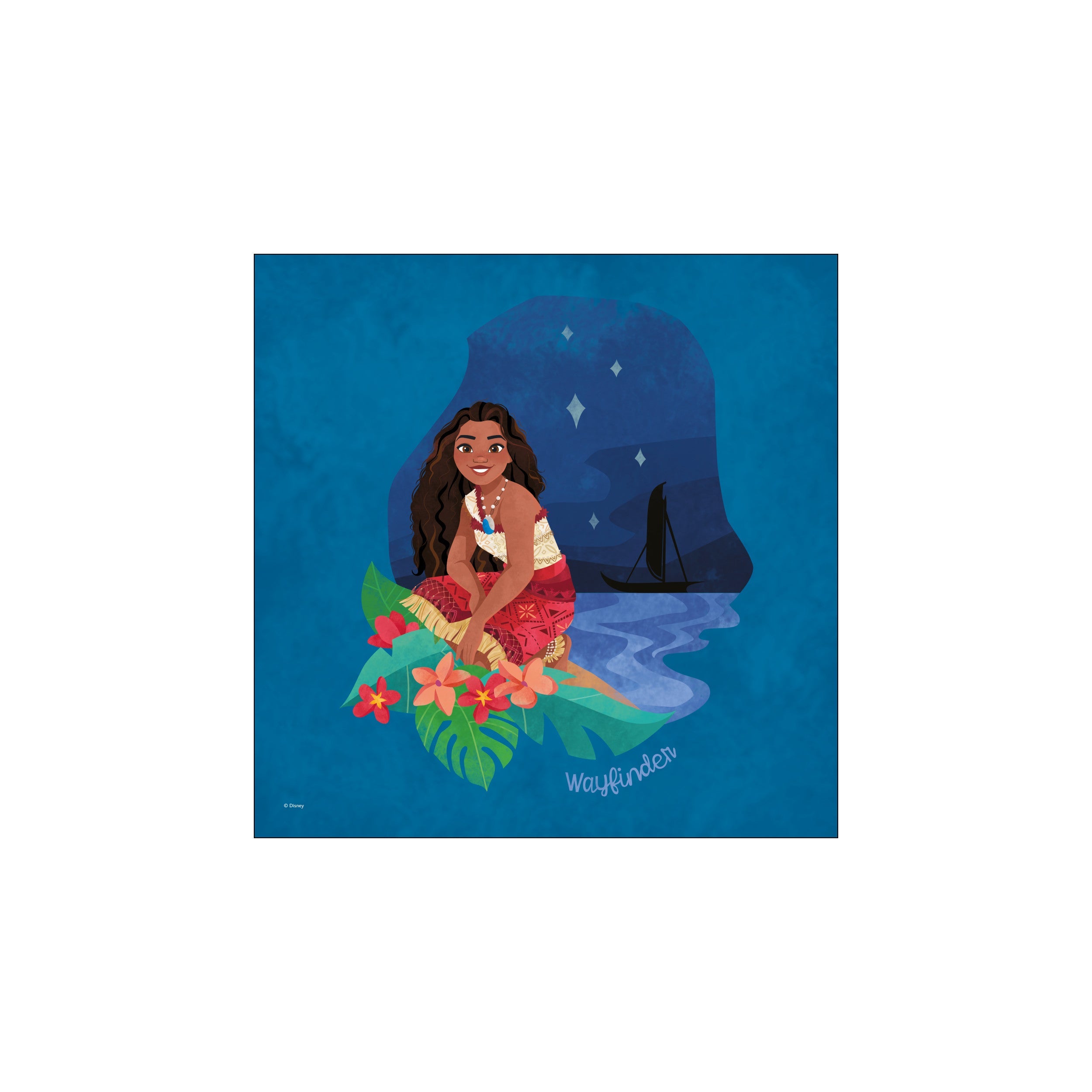 Artwork of Disney's Moana sitting amidst tropical leaves with a canoe sailing on a starlit ocean. Features vibrant coral and leaf greens against a deep blue background.