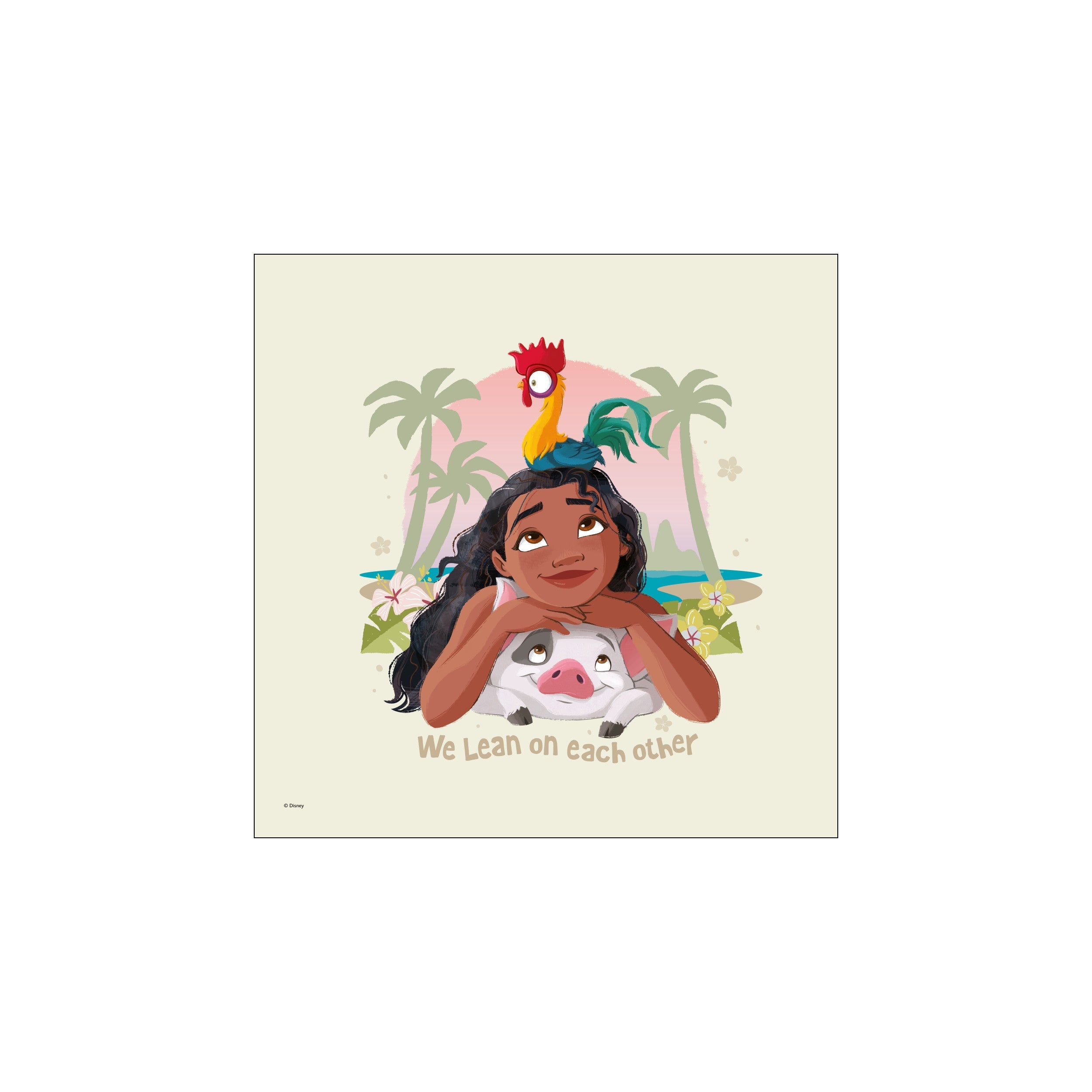 Disney's Moana and her friends Pua the pig and Heihei the rooster share a tender moment on a tropical island, depicted in a soft, dreamlike palette with palm trees and flowers.