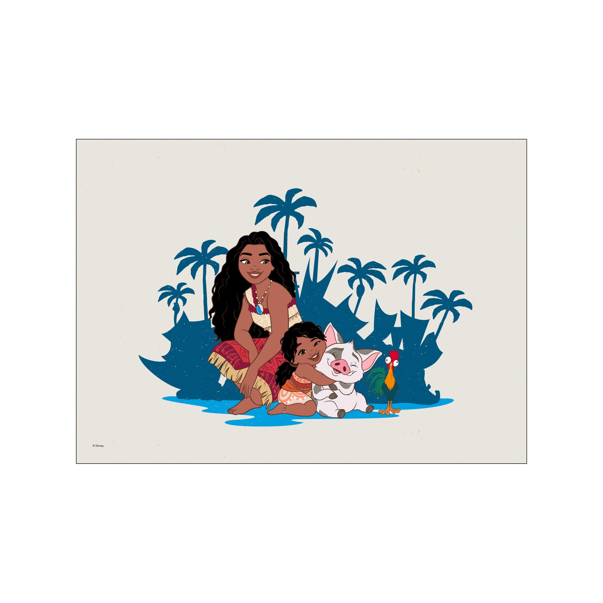 Moana embraces her pig friend with a rooster nearby, silhouetted against a backdrop of blue palm trees and a creamy textured background, exuding island joy.