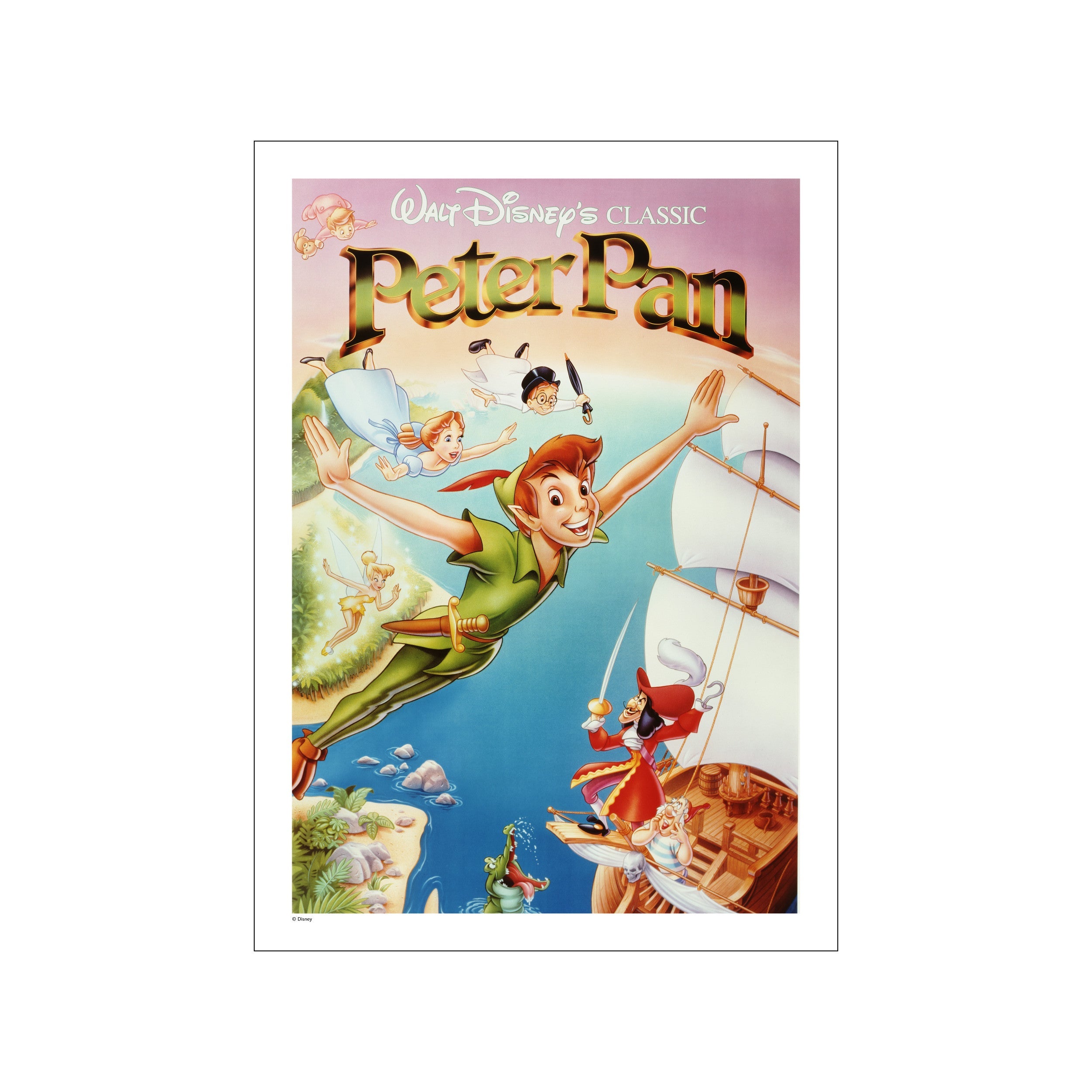 Peter Pan, Wendy Darling, Tinker Bell, and Captain Hook in a vibrant sky above Neverland, with a pirate ship and crocodile below. The artwork is full of color and adventure.