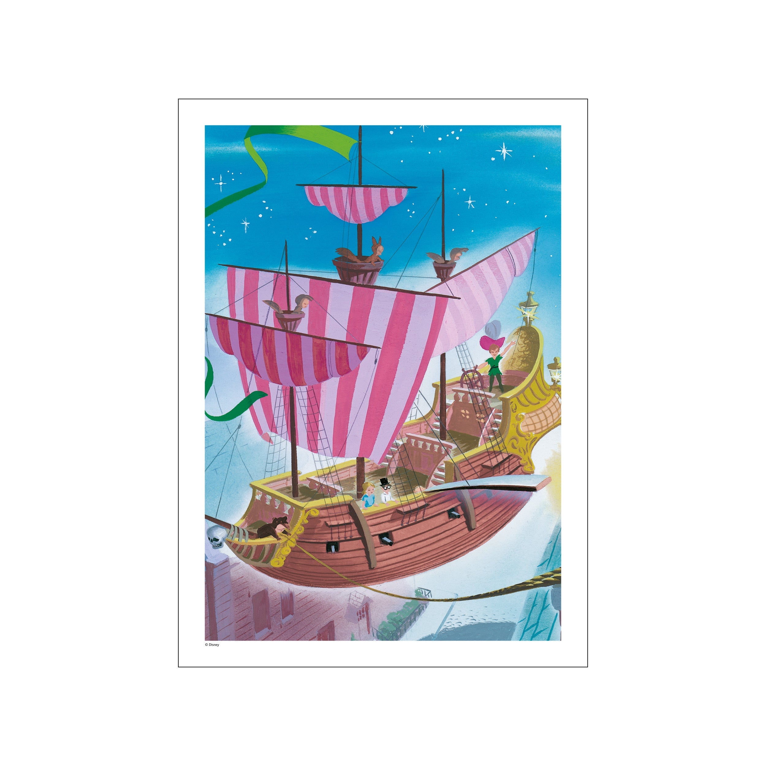 A grand wooden ship with pink and white striped sails is depicted sailing through a starry blue night sky. Peter Pan, Wendy, John, and Michael are visible on deck, alongside whimsical creatures, suggesting a magical.