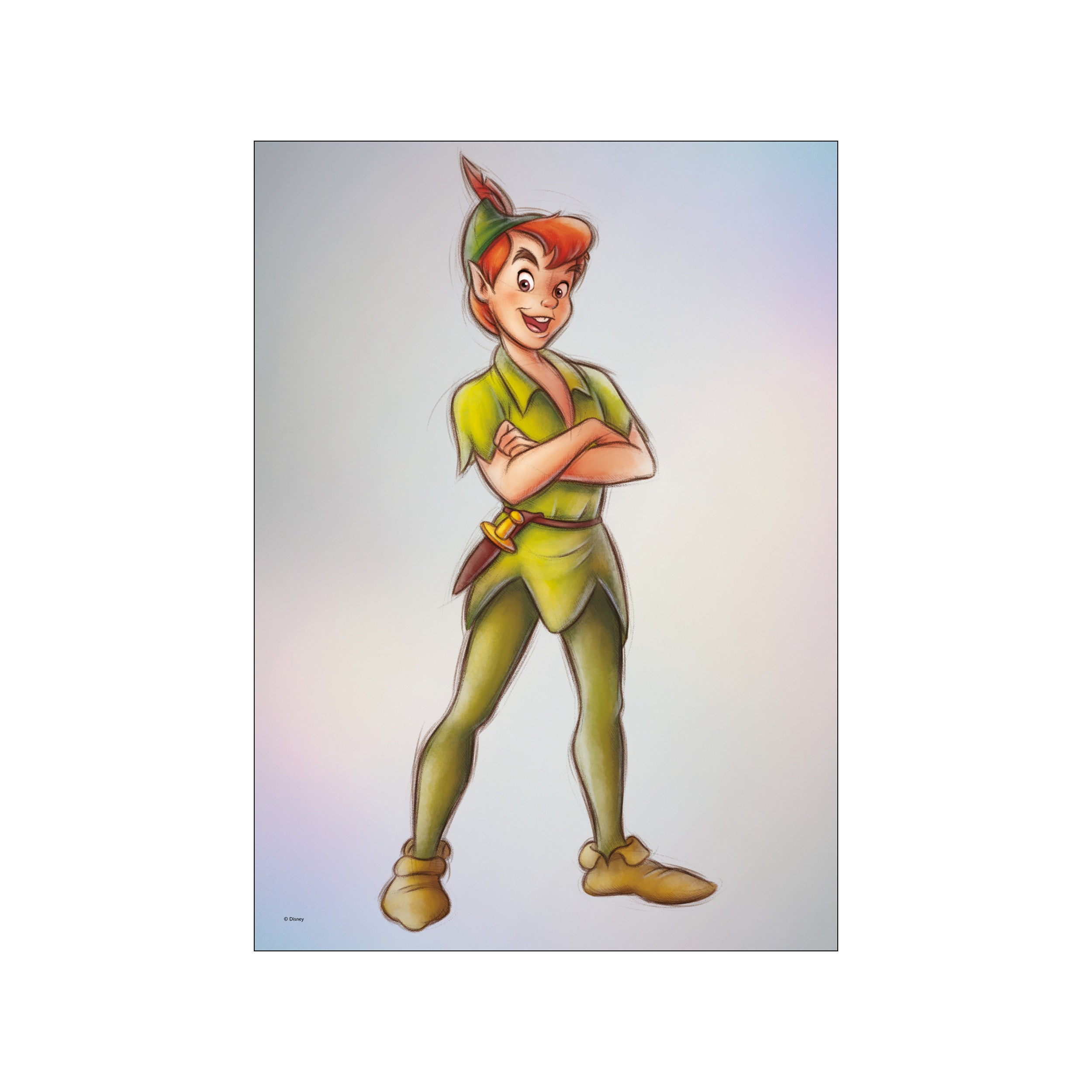 A charming illustration of Disney's Peter Pan standing with his arms crossed, dressed in his signature green tunic and hat. The artwork features a soft, pastel-colored background that adds to its whimsical and dreamy vibe.