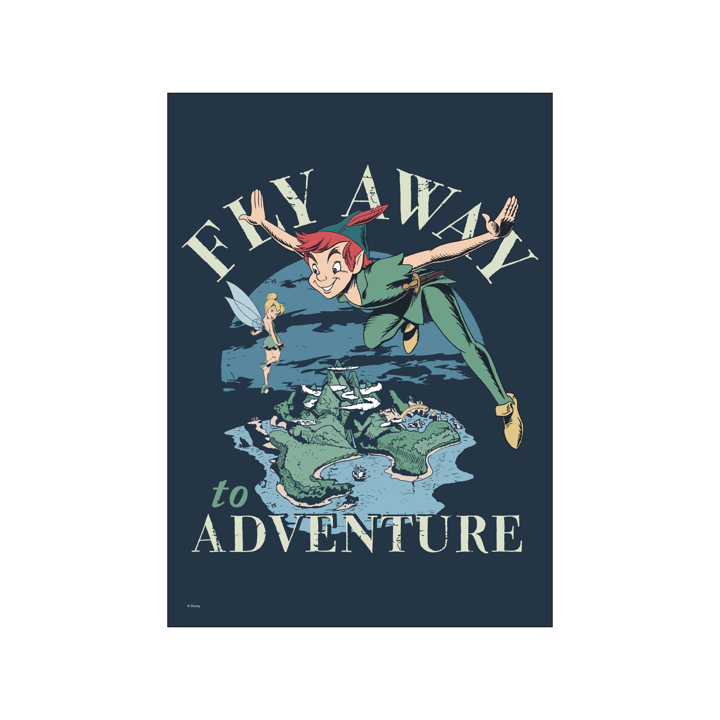 Peter Pan and Tinkerbell fly over a magical island at night, with the words 'Fly Away to Adventure' in faded script against a deep blue background, evoking wonder.