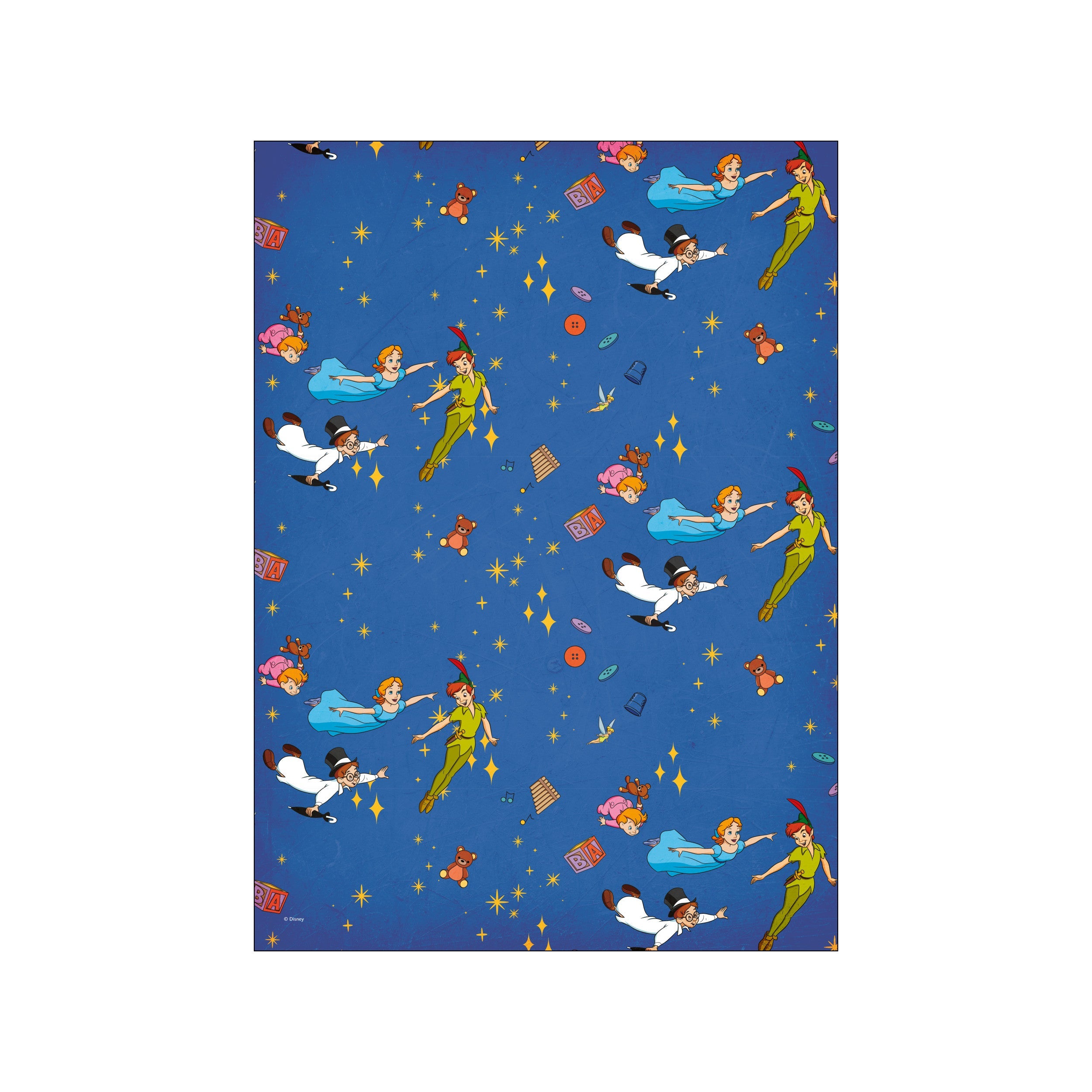 An illustration of Peter Pan, Wendy Darling, the Lost Boys, and Tinkerbell gracefully flying through a starry, deep blue night sky, surrounded by teddy bears and alphabet blocks.