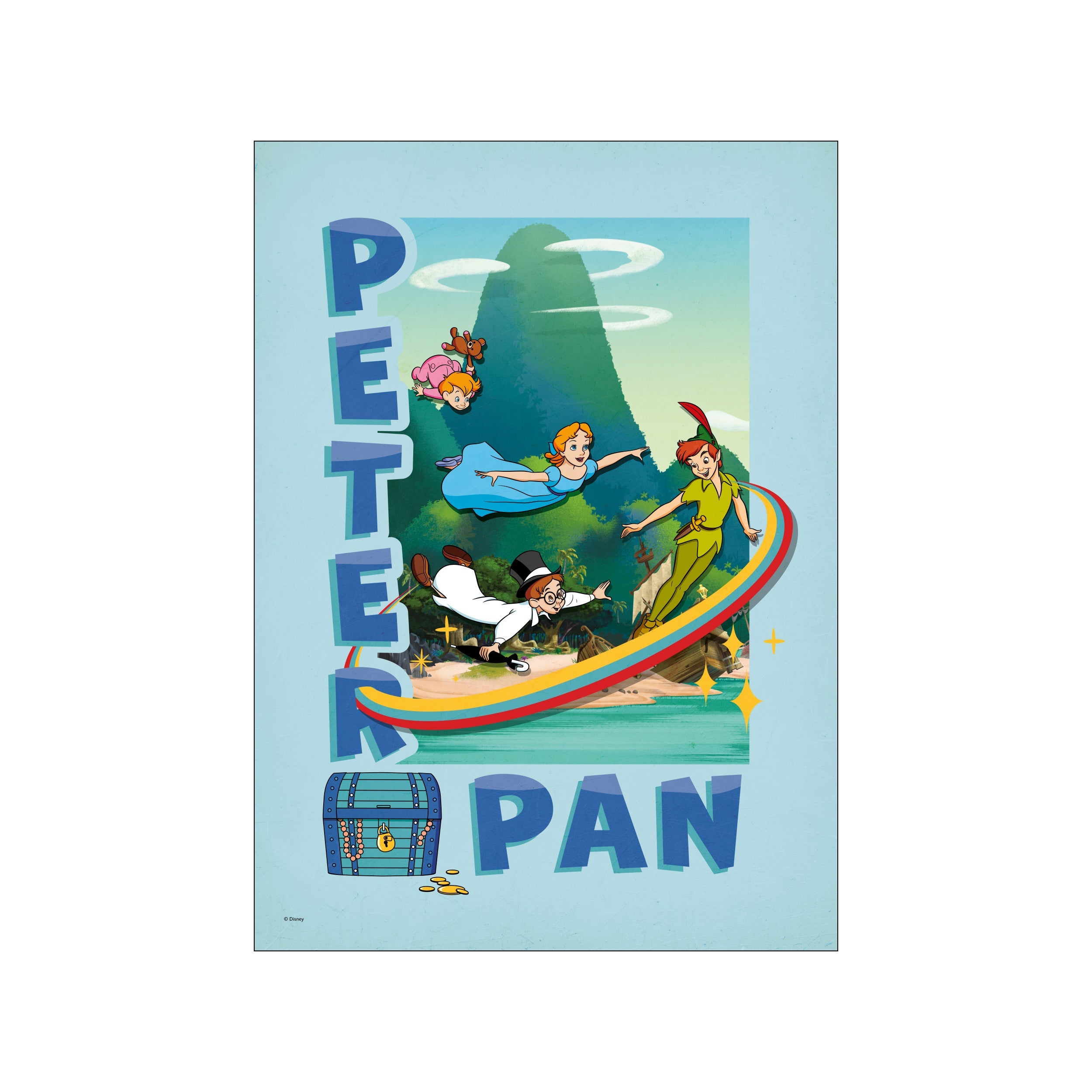 Peter Pan, Wendy Darling, John Darling, Michael Darling, and Tinkerbell flying on a rainbow path towards a tropical island, with a treasure chest below and the words Peter Pan.