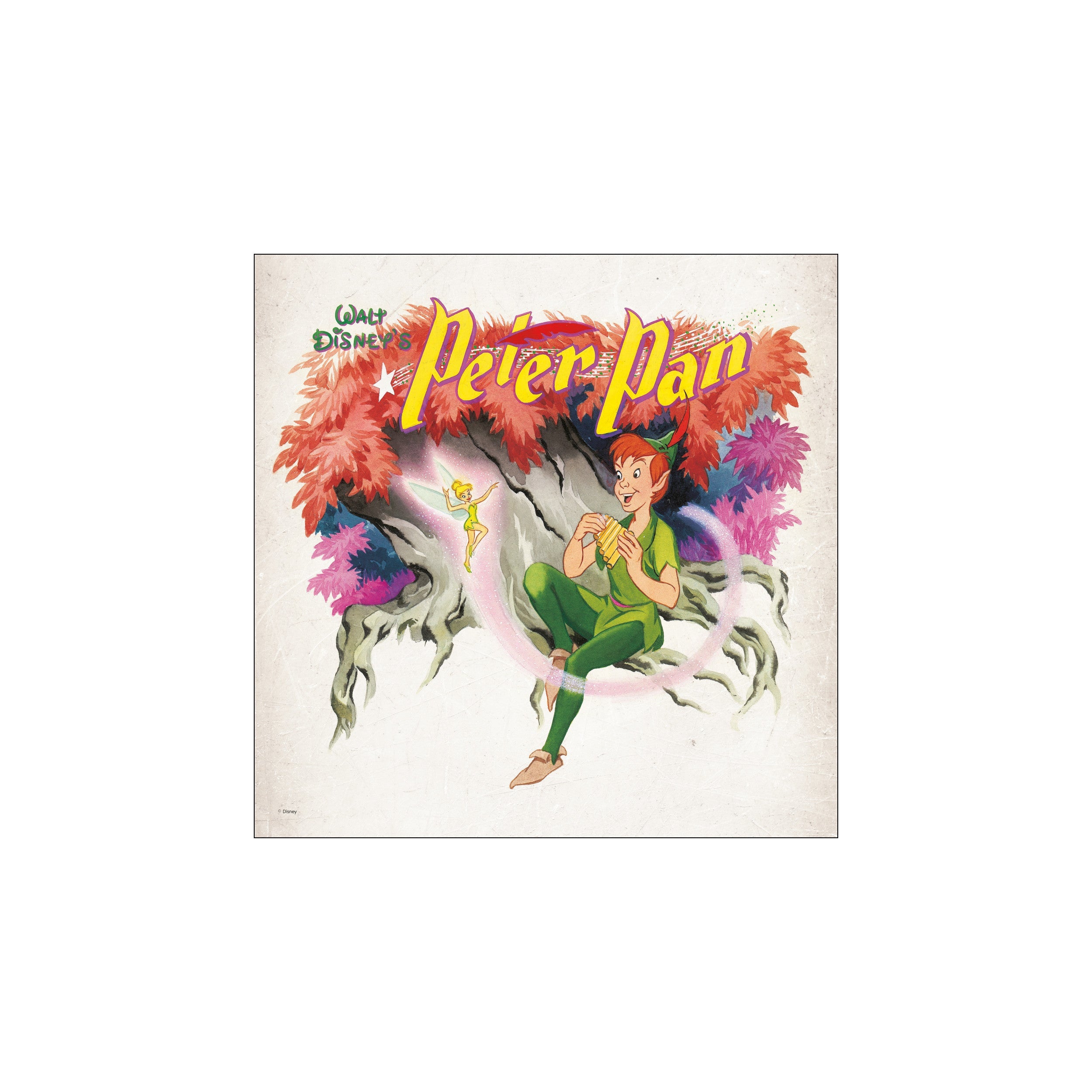 Peter Pan sits on a whimsical tree branch, playing a pipe while Tinkerbell hovers nearby, surrounded by vibrant coral and plum foliage, evoking a magical forest melody.