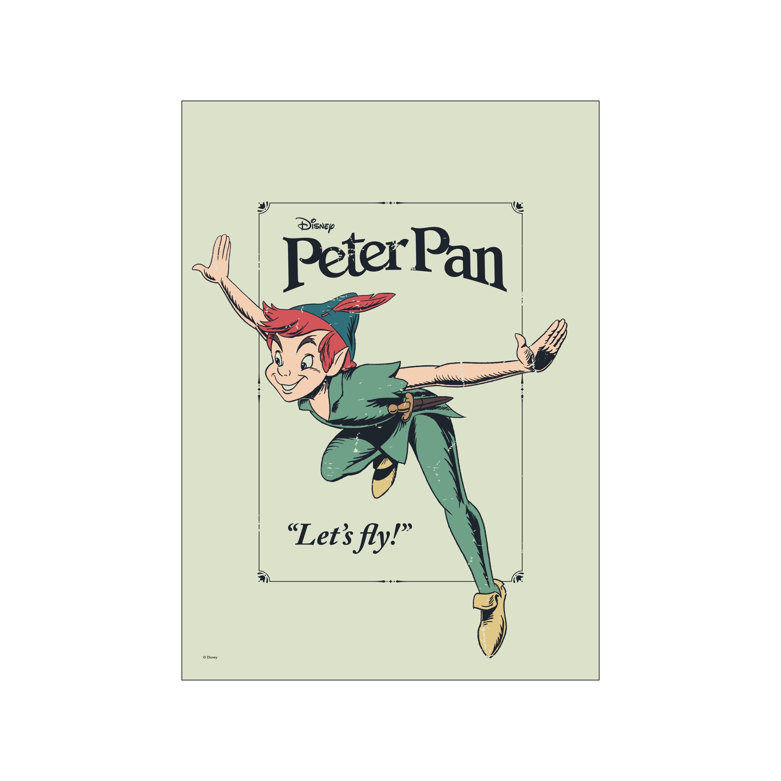 Peter Pan in his iconic green outfit, mid-air with arms outstretched and a joyful expression. The artwork has a vintage feel with a muted green background and 'Let's fly!' text.