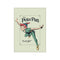 Peter Pan in his iconic green outfit, mid-air with arms outstretched and a joyful expression. The artwork has a vintage feel with a muted green background and 'Let's fly!' text.