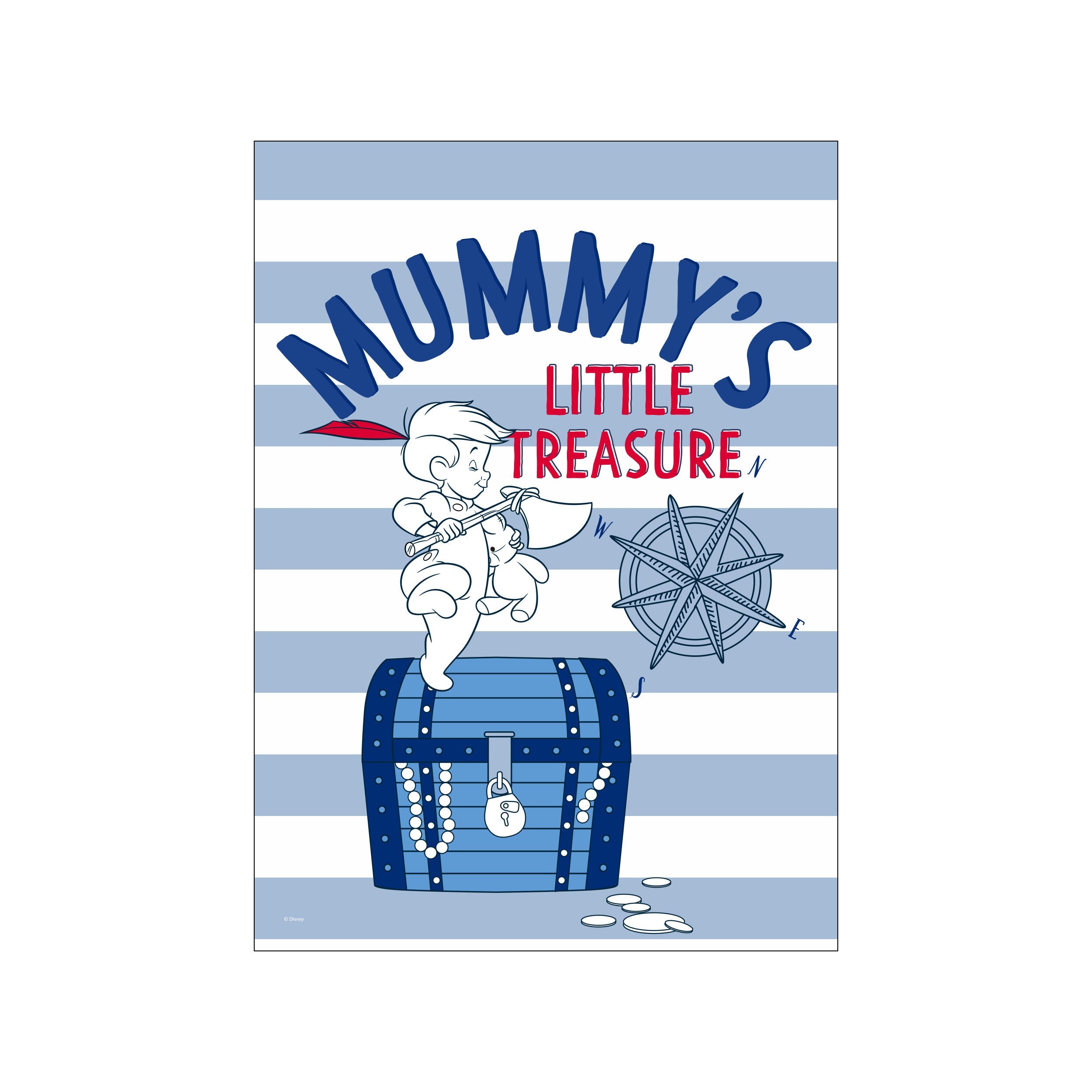 A playful illustration inspired by Peter Pan, featuring a young boy sitting on a treasure chest with the words 'Mummy's Little Treasure' and a compass, set against a blue and white striped background.