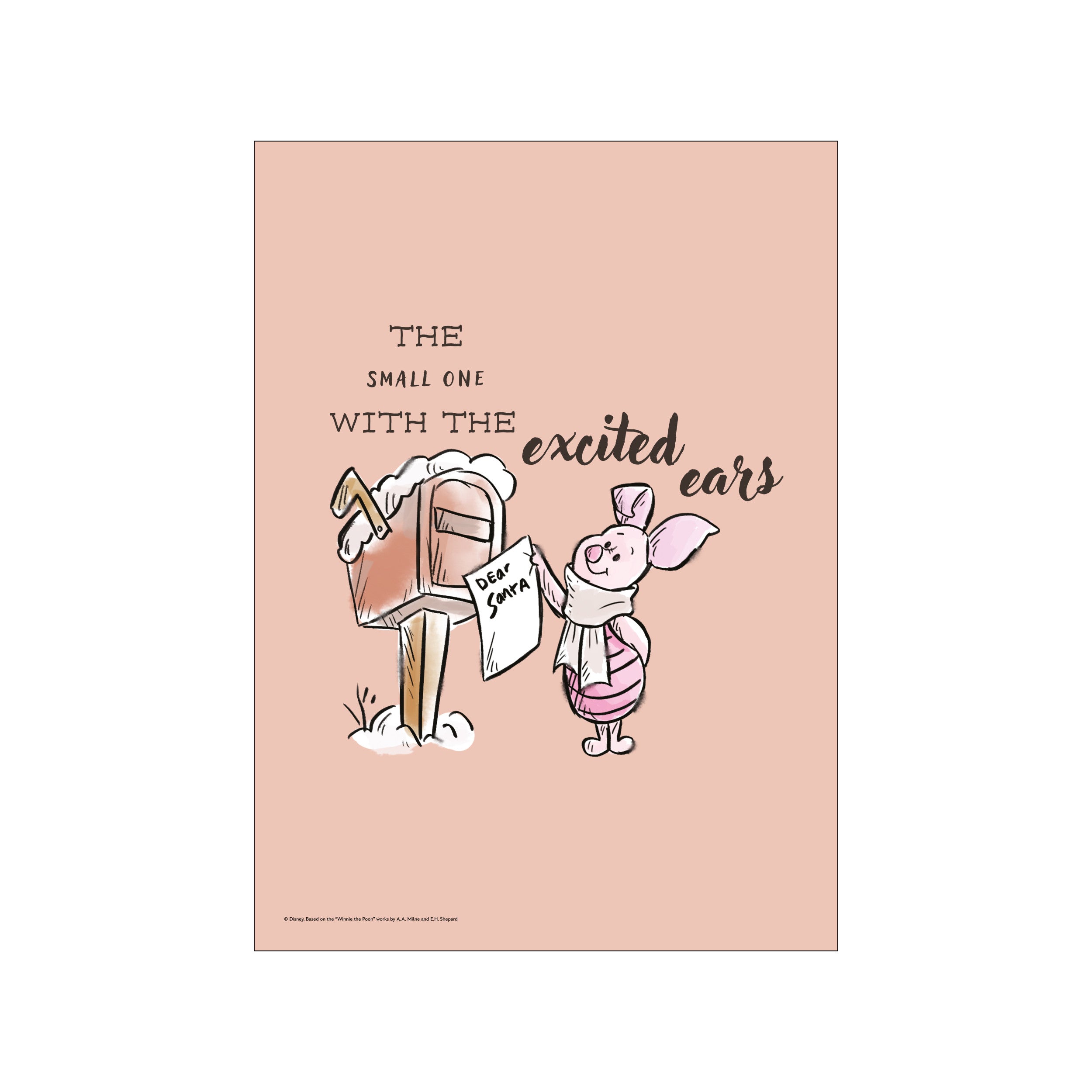 A charming illustration of Disney's Piglet holding a 'Dear Santa' letter, standing by a snowy mailbox. The artwork features a soft pink background and a whimsical, joyful vibe.