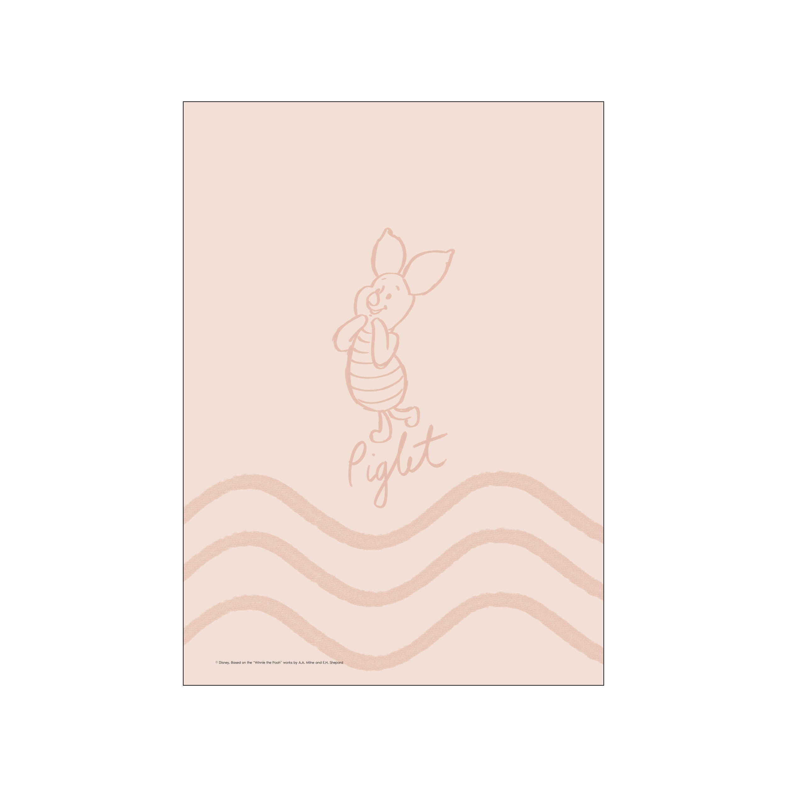 A minimalist illustration of Disney's Piglet in outline on a soft pink background, with textured wave-like patterns in a slightly darker pink below. The name 'Piglet' is written in a flowing script.