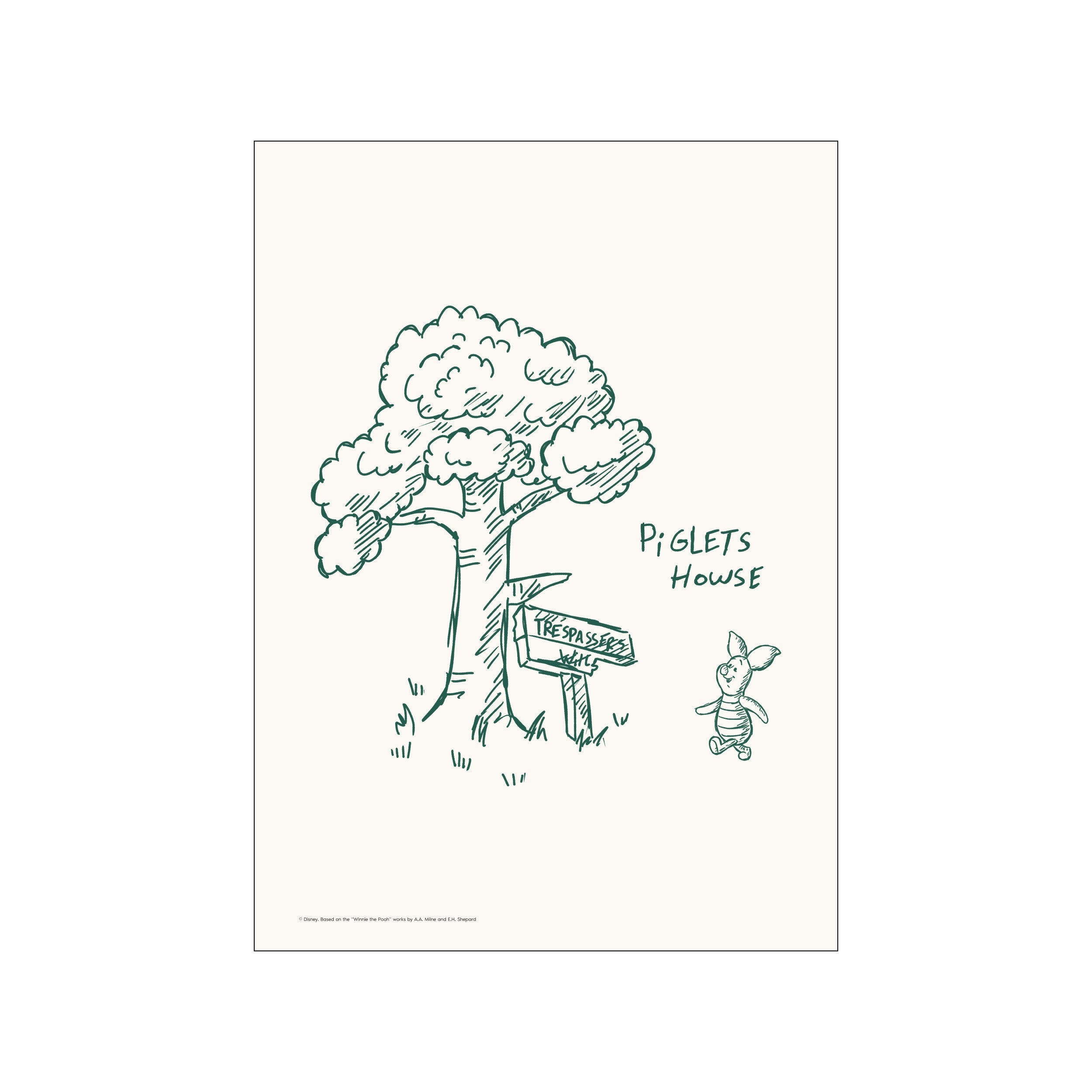 A charming, hand-drawn sketch in forest green features a fluffy tree with a 'Trespassers Will' sign and a joyful Piglet walking nearby against a creamy background.