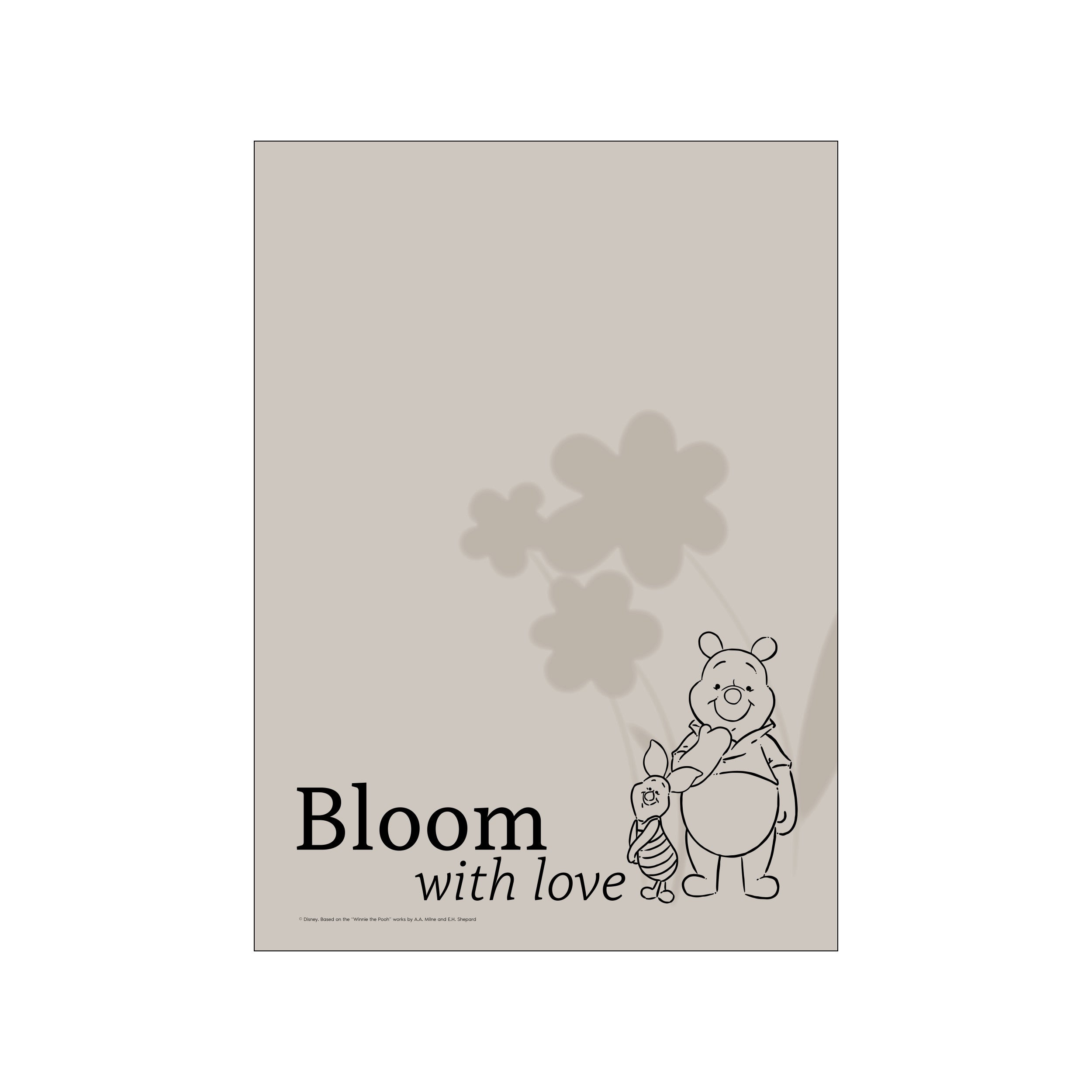 Line art of Winnie the Pooh holding Piglet tenderly, with faint flower shadows, set against a soft, neutral background. A simple, heartwarming, and nostalgic illustration.