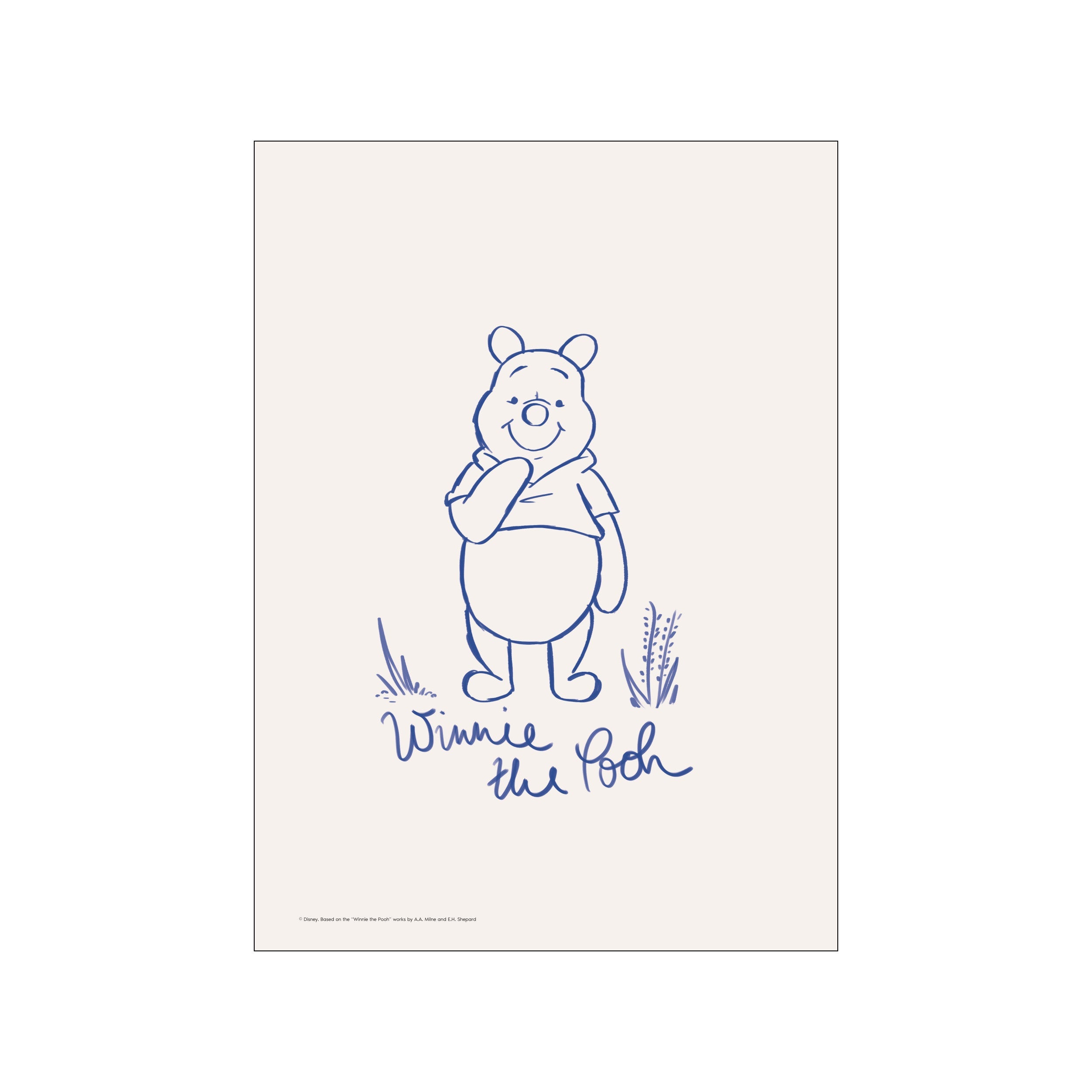 A blue line drawing of Winnie the Pooh smiling with his paw near his chin, standing amidst simple sketched grass on a soft cream background. The words 'Winnie the Pooh' are written below in blue.
