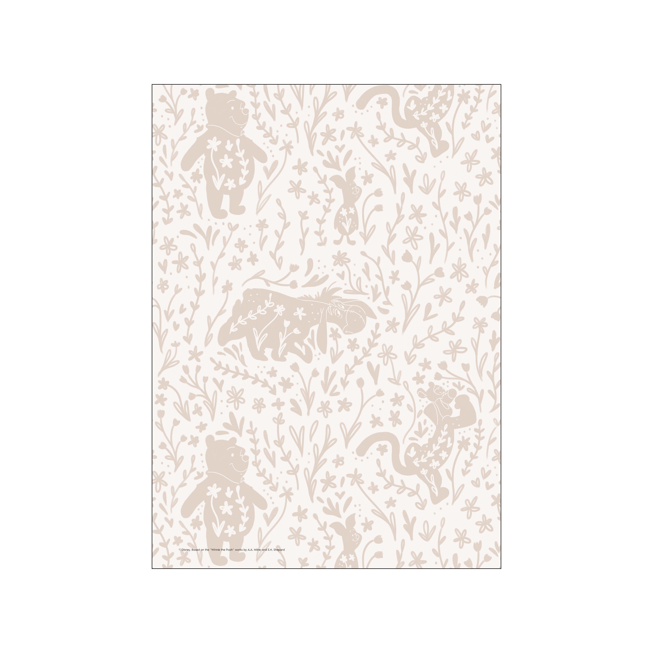 Whimsical beige floral silhouette pattern with figures of Winnie the Pooh, Piglet, and Eeyore peeking through stylized leaves and flowers on an off-white background.